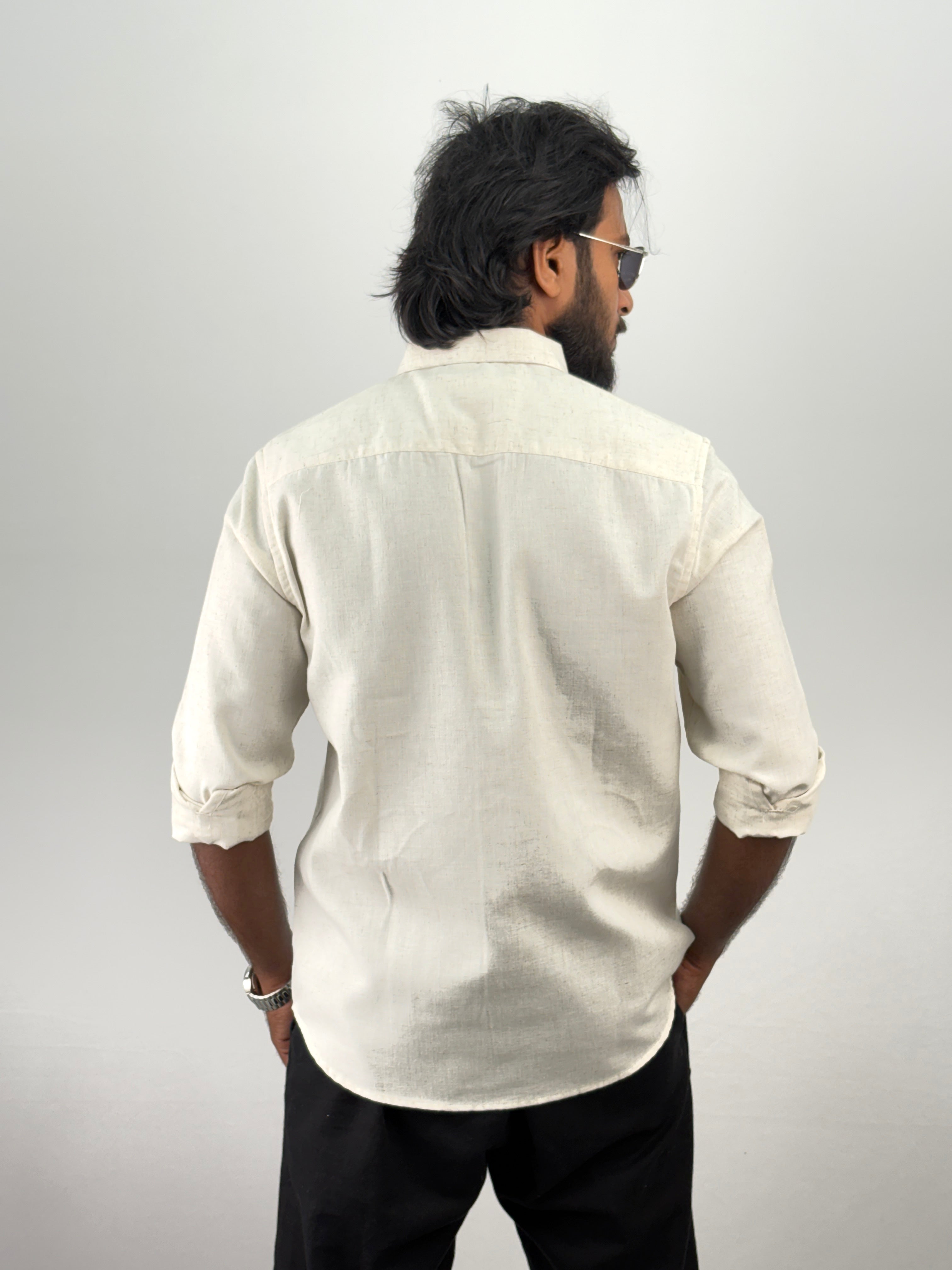Beige Blue Linen Embroidery Shirt 4