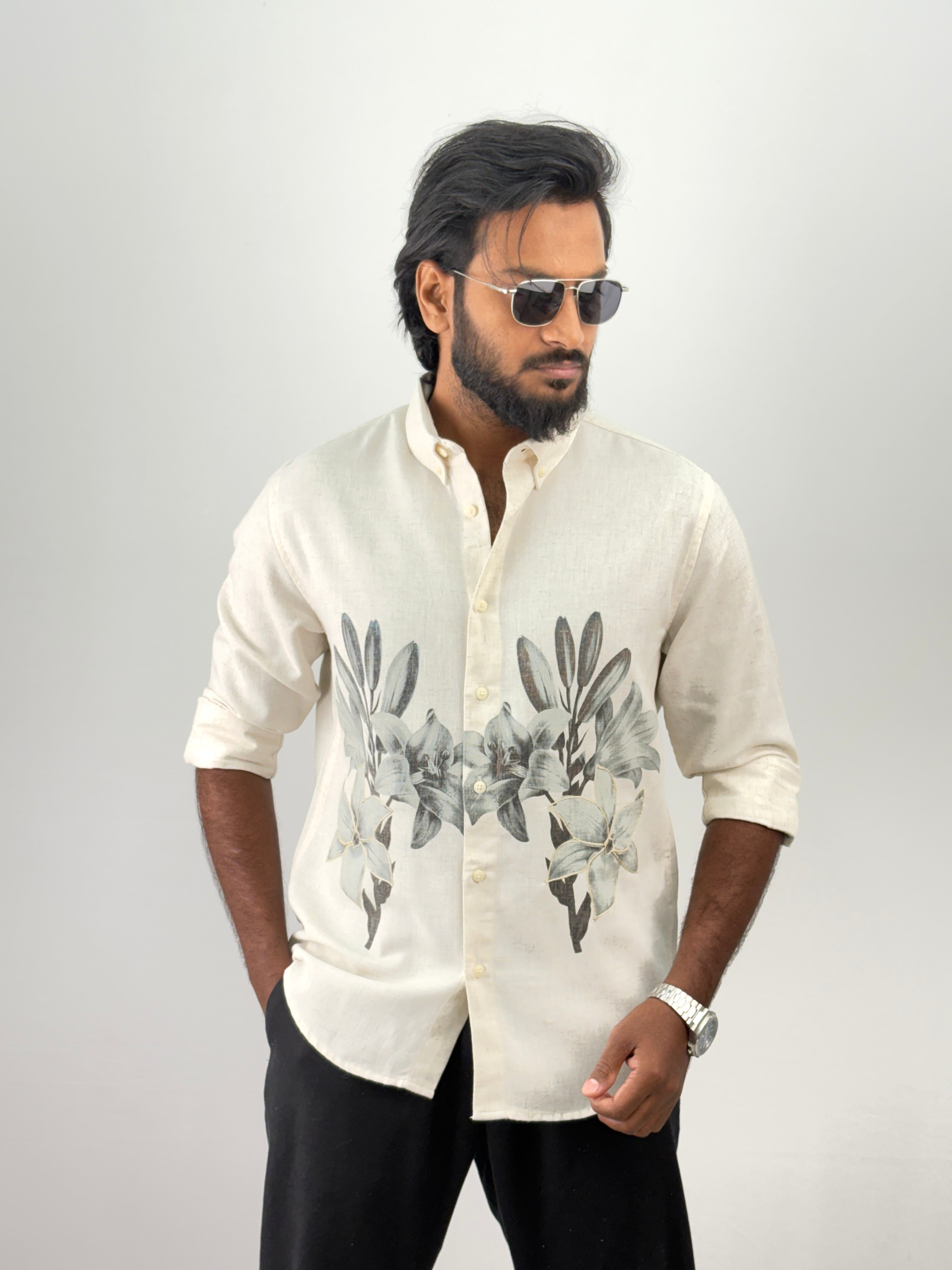 Beige Green Linen Embroidery Shirt 4