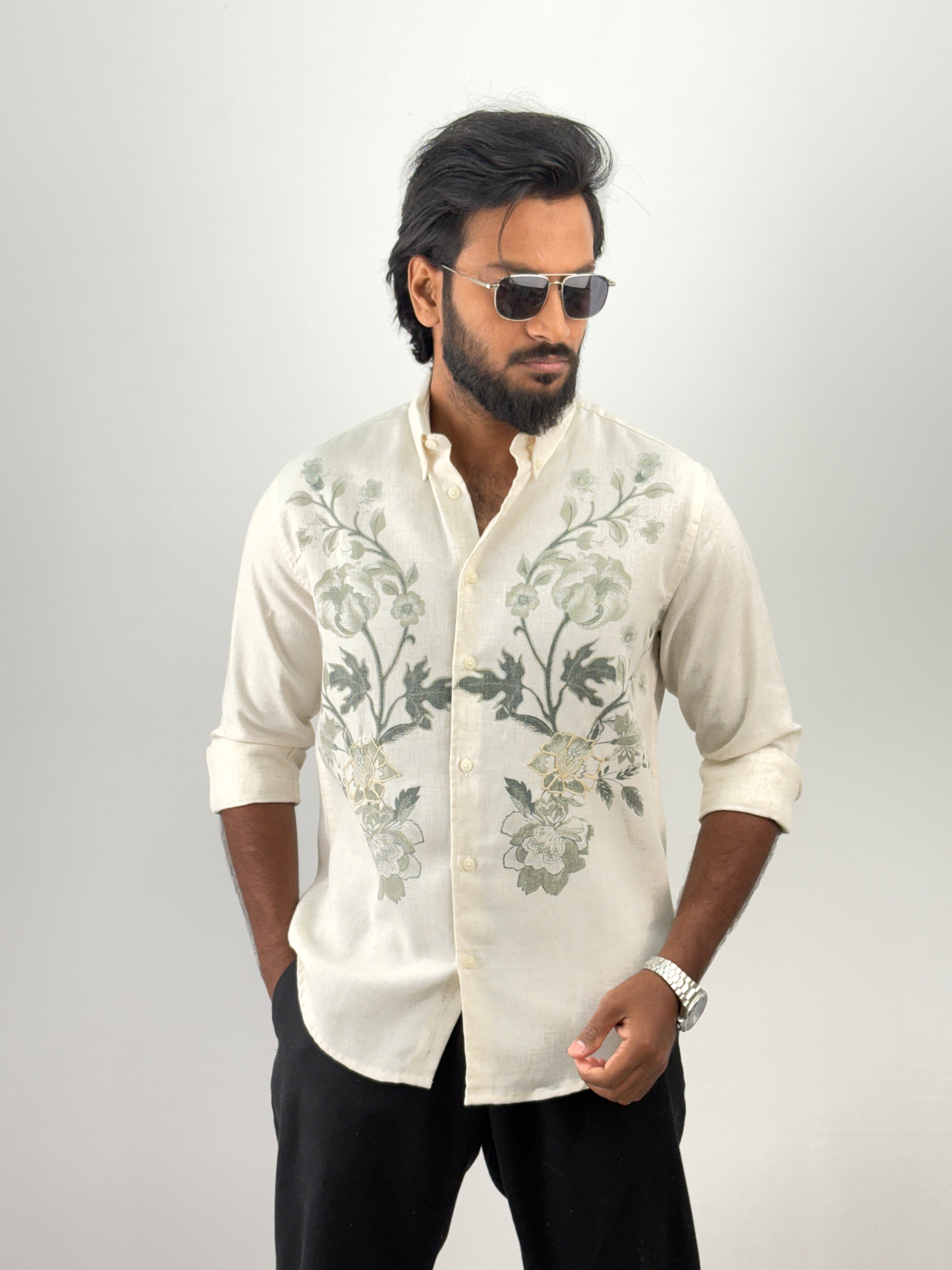 Beige Green Linen Embroidery Shirt 3