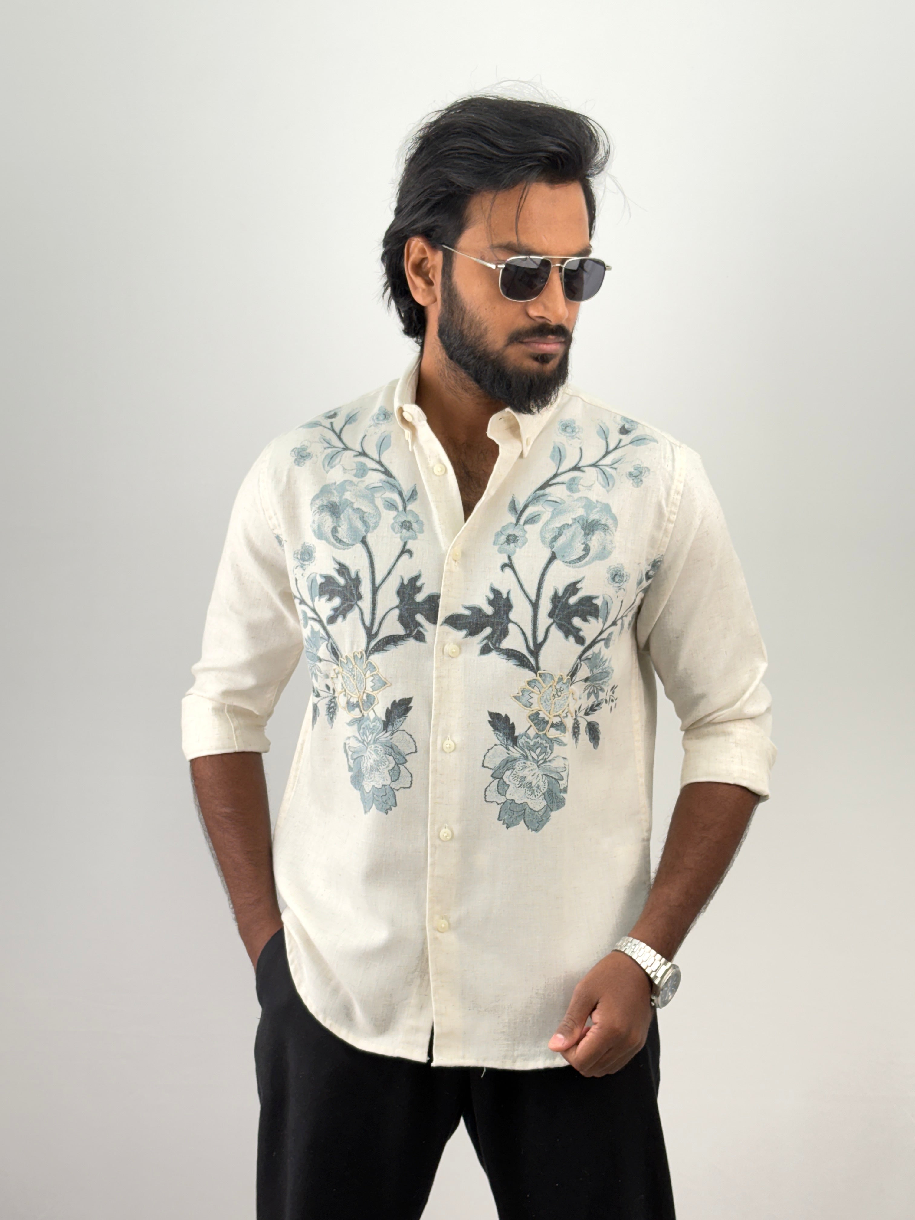 Beige Blue Linen Embroidery Shirt 3