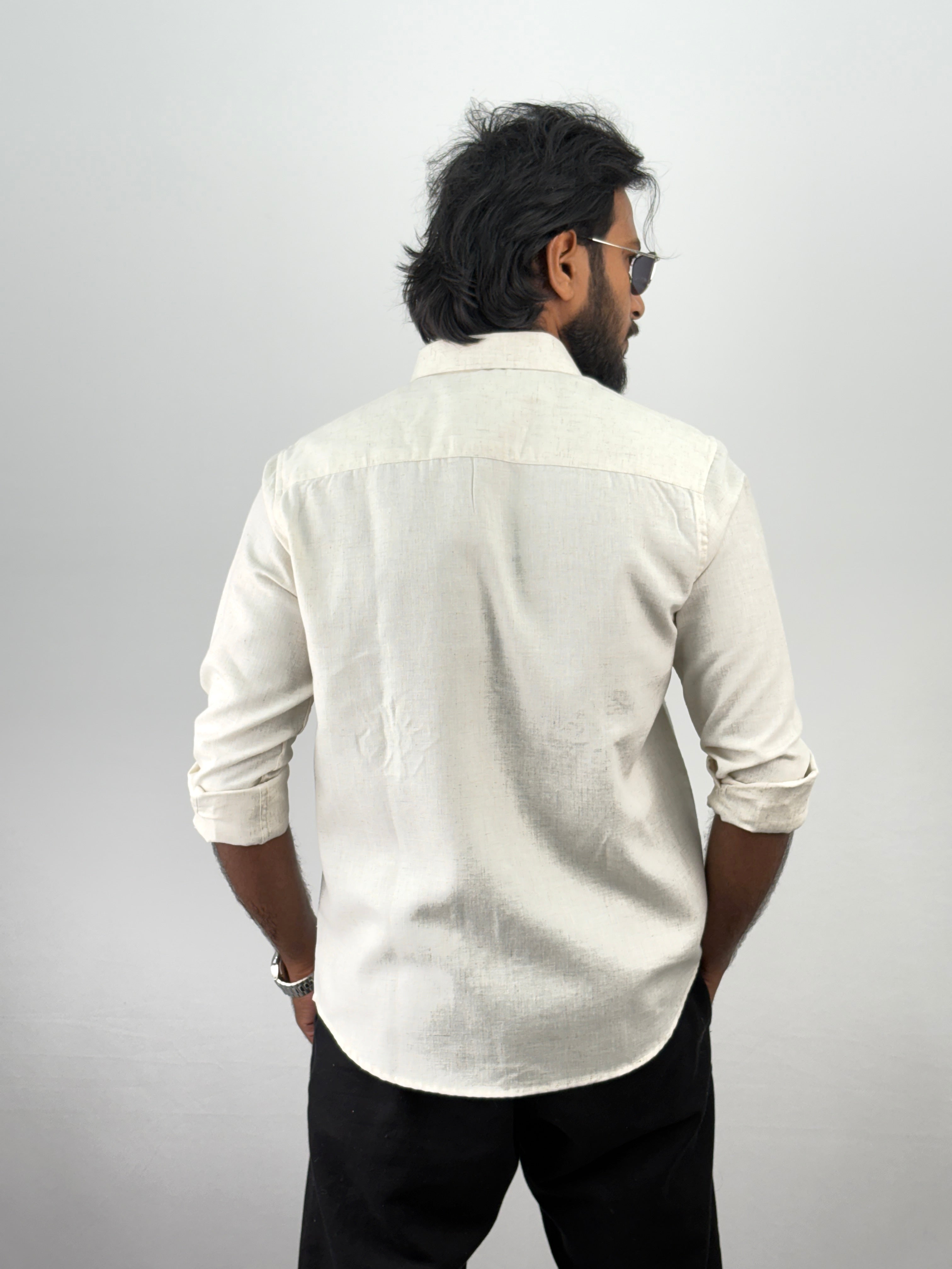 Beige Blue Linen Embroidery Shirt 3