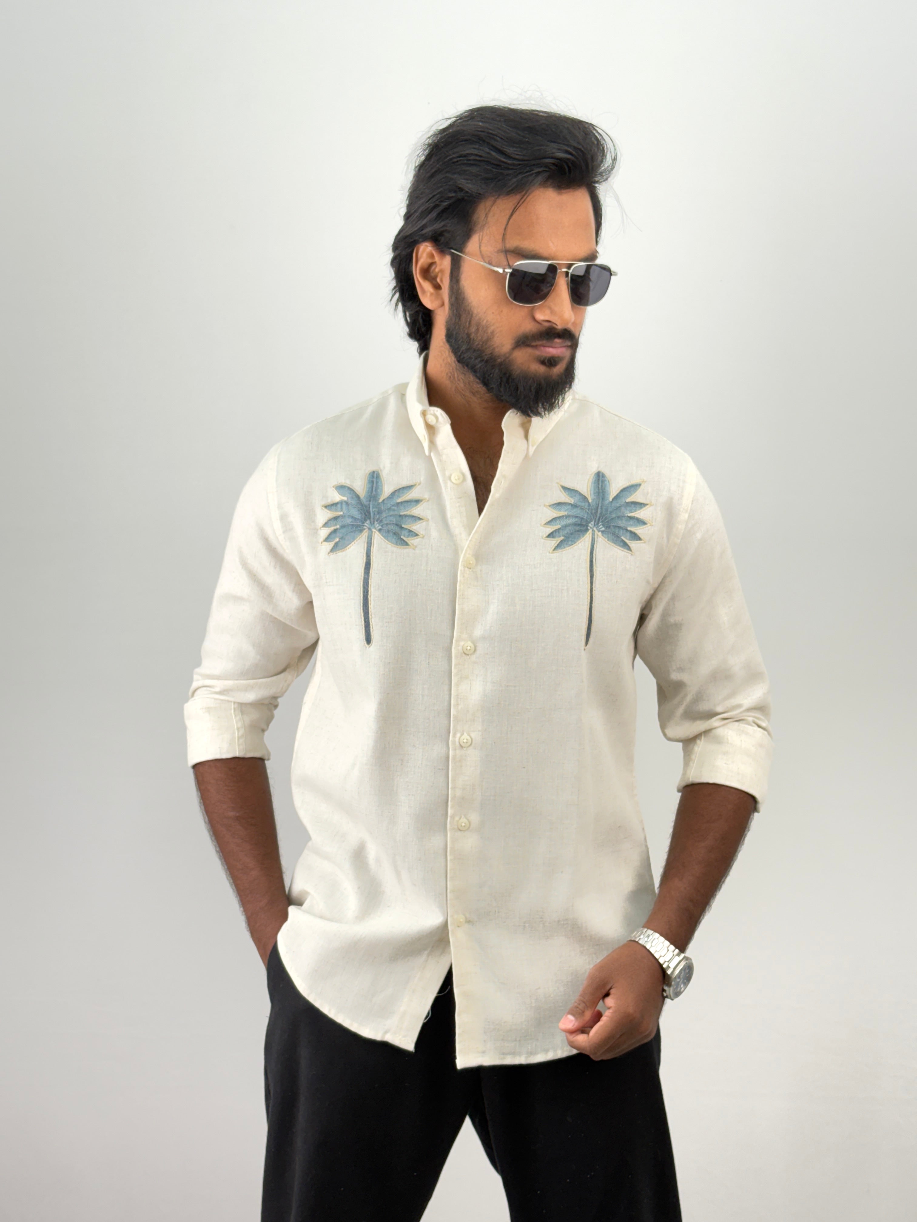 Beige Blue Linen Embroidery Shirt 1