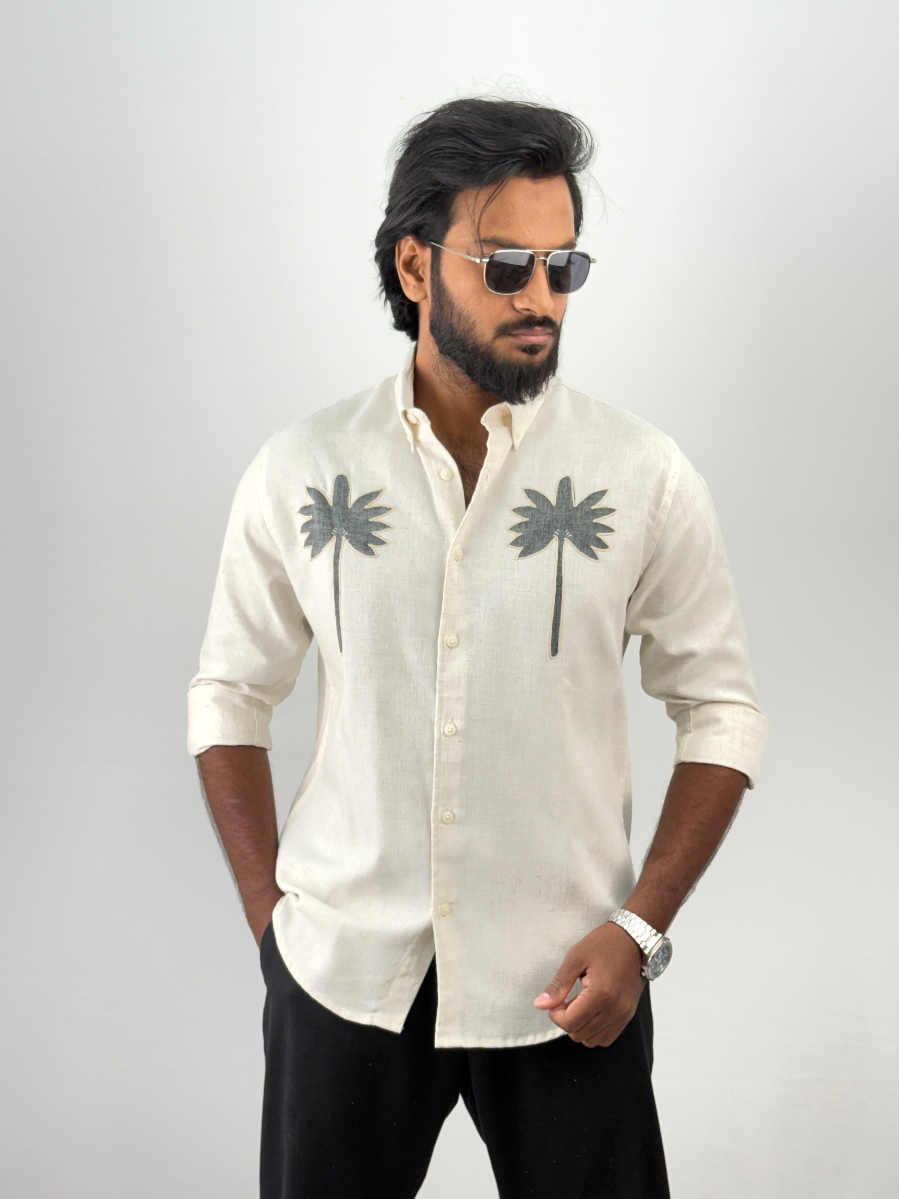 Beige Green Linen Embroidery Shirt 1
