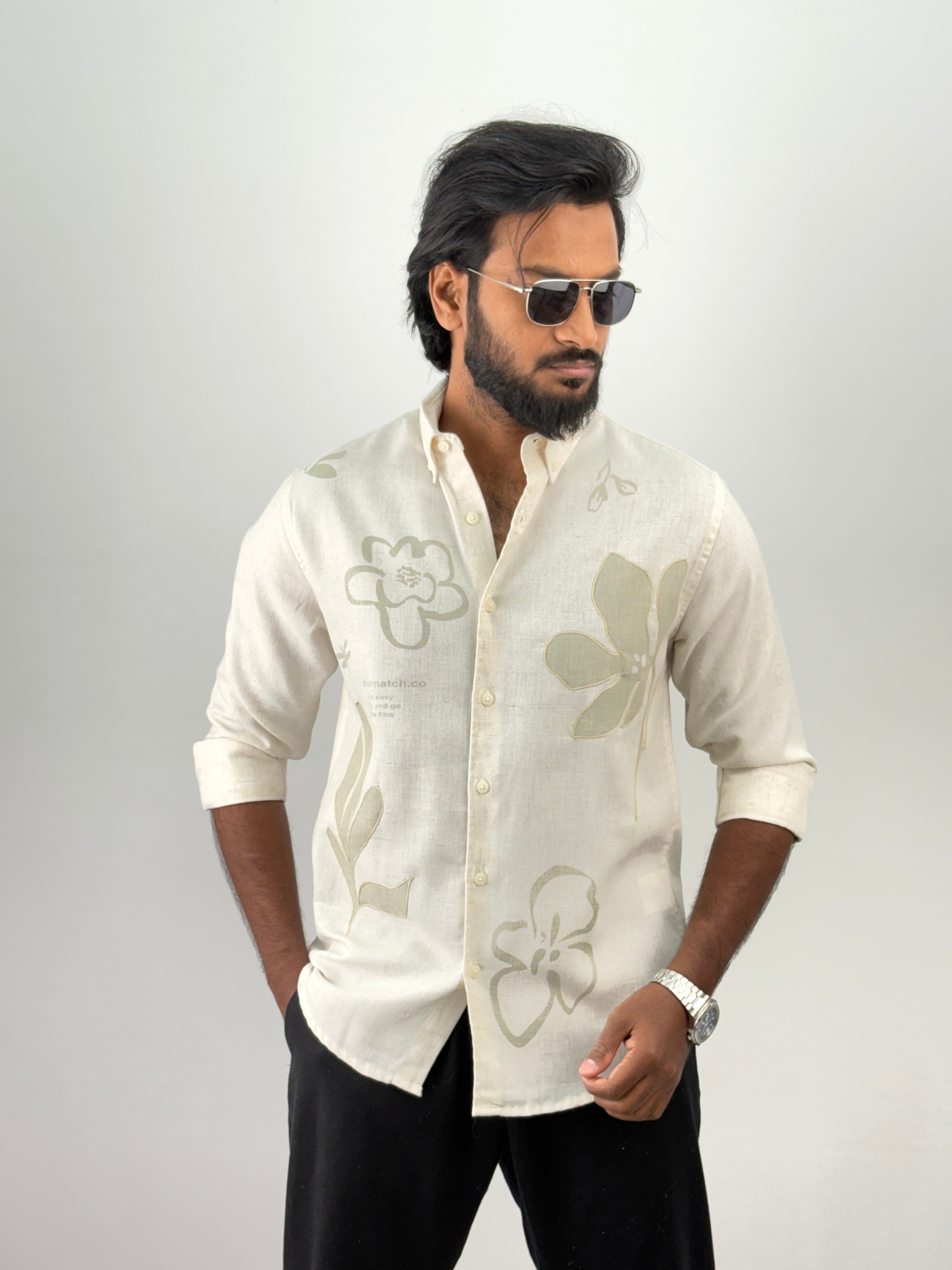 Beige Green Linen Embroidery Shirt 2