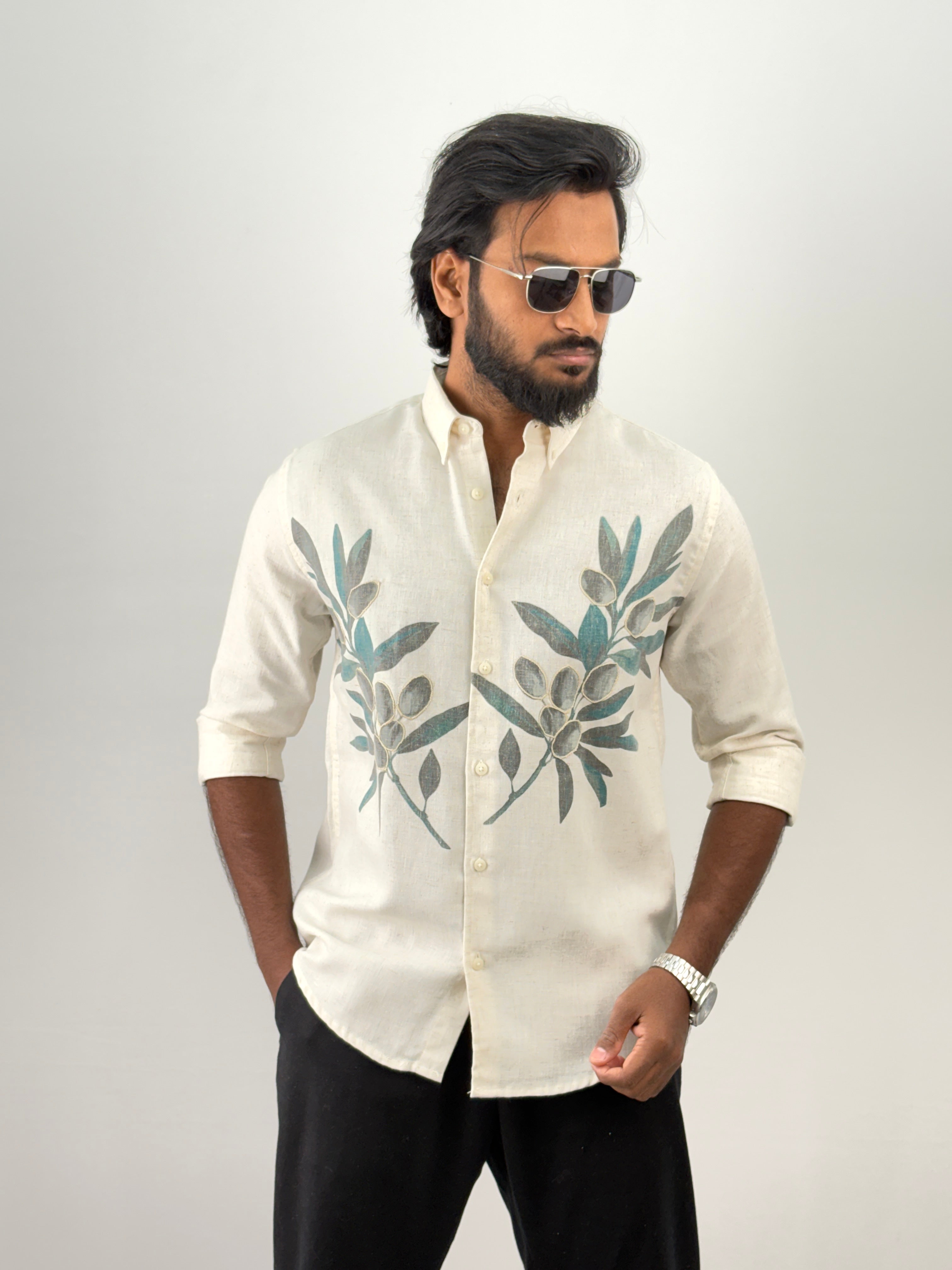 Beige Green Linen Embroidery Shirt 6