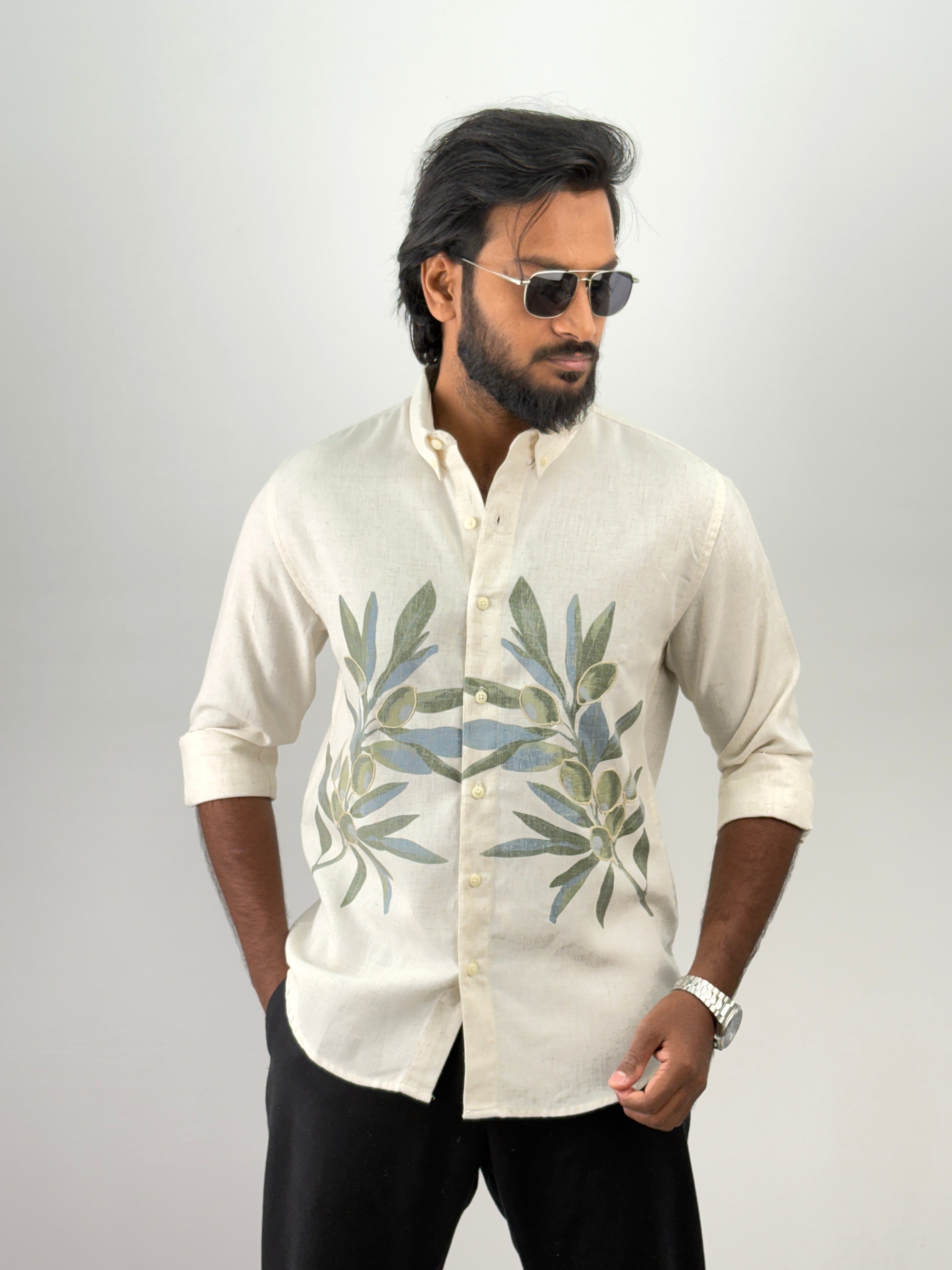 Beige Green Linen Embroidery Shirt 10