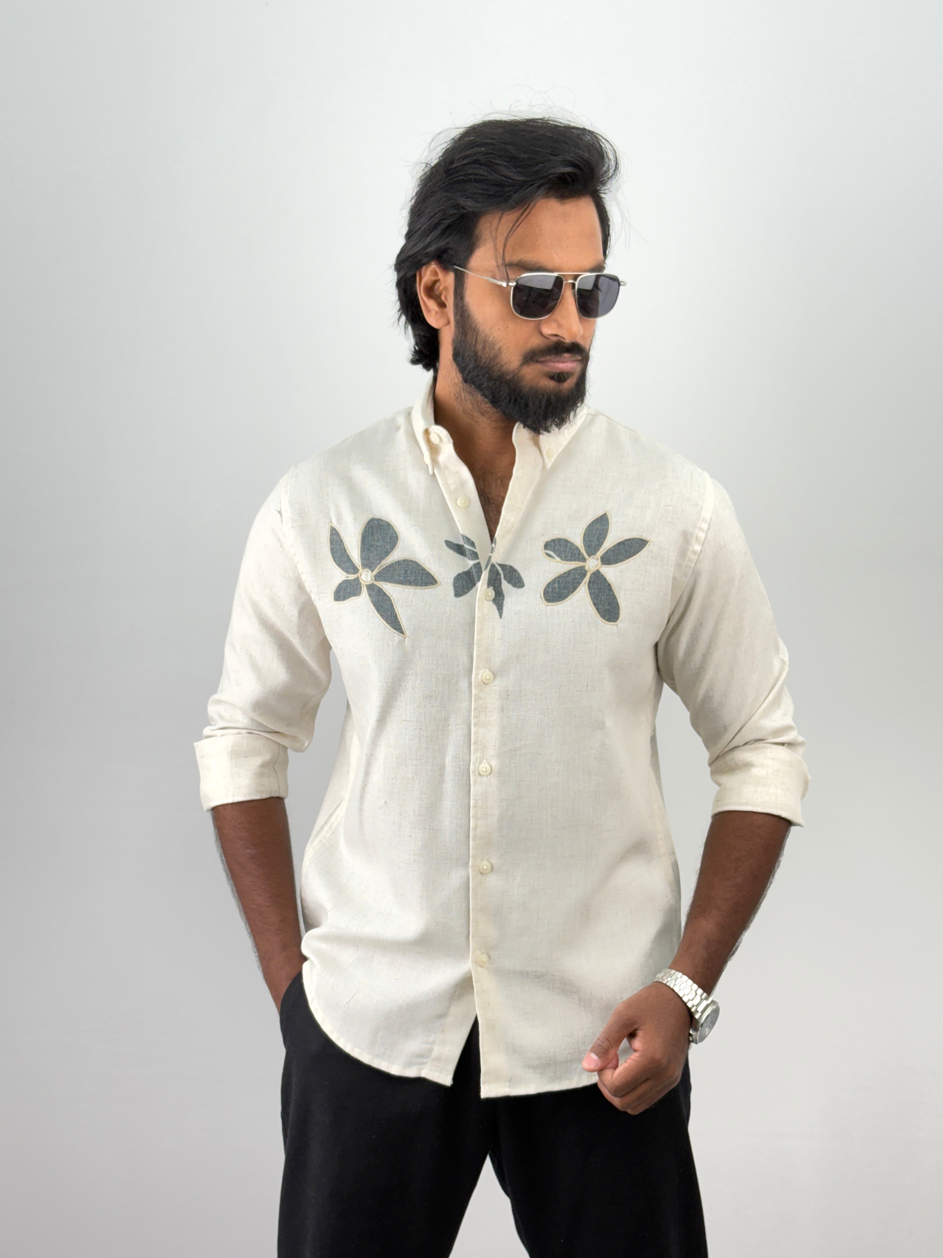 Beige Olive Linen Embroidery Shirt 7