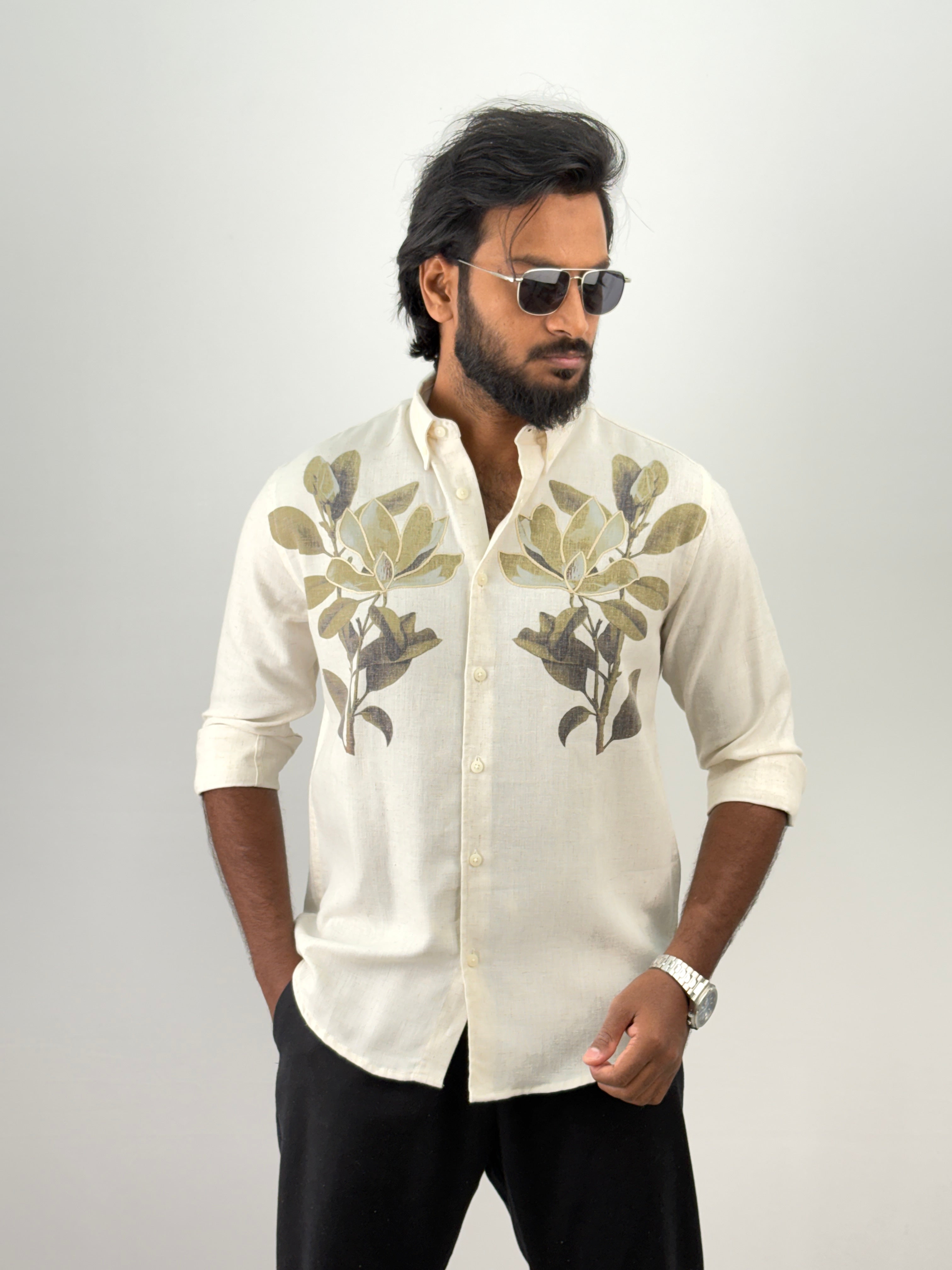 Beige Green Linen Embroidery Shirt 12