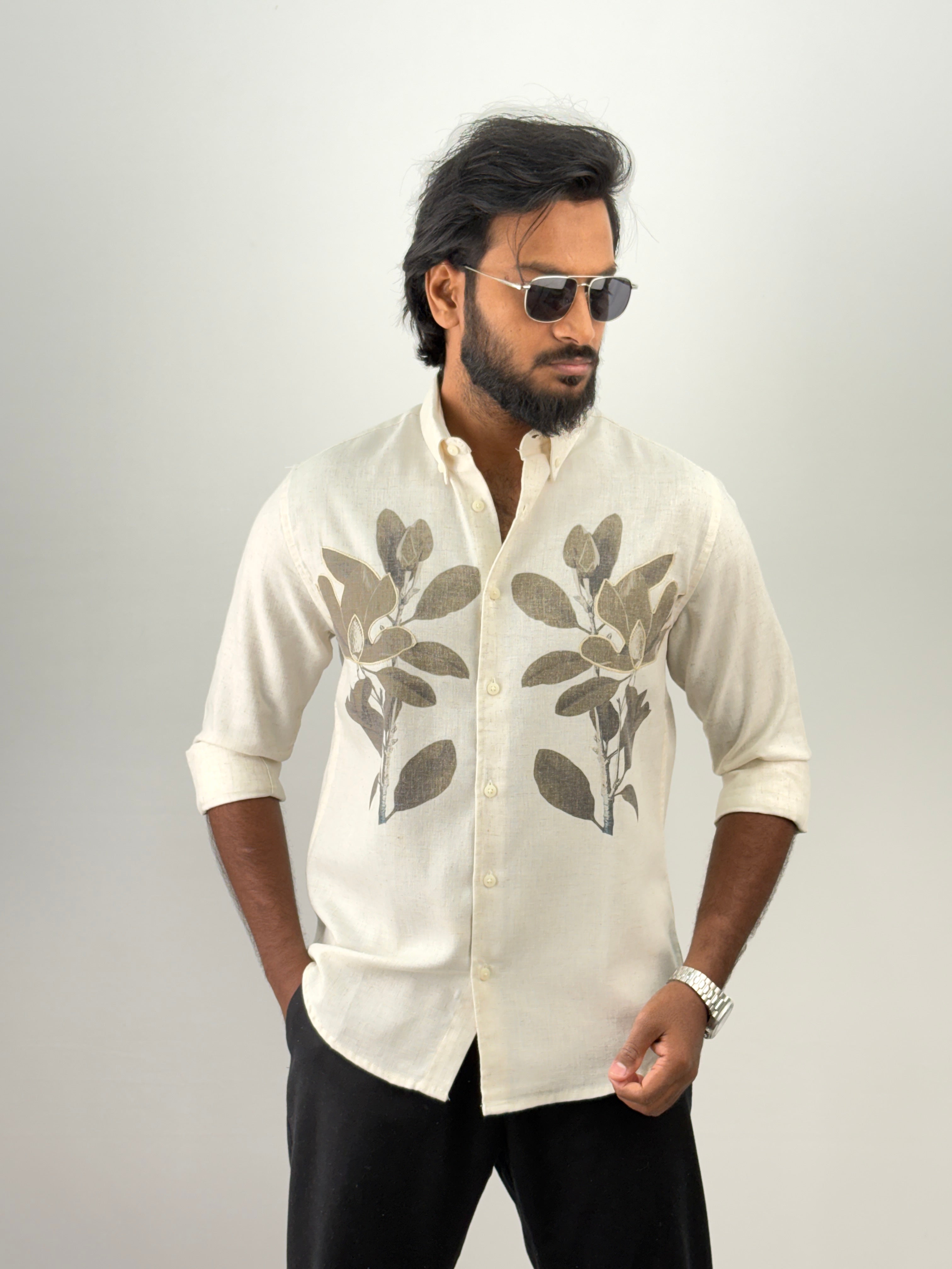 Beige Olive Linen Embroidery Shirt 13