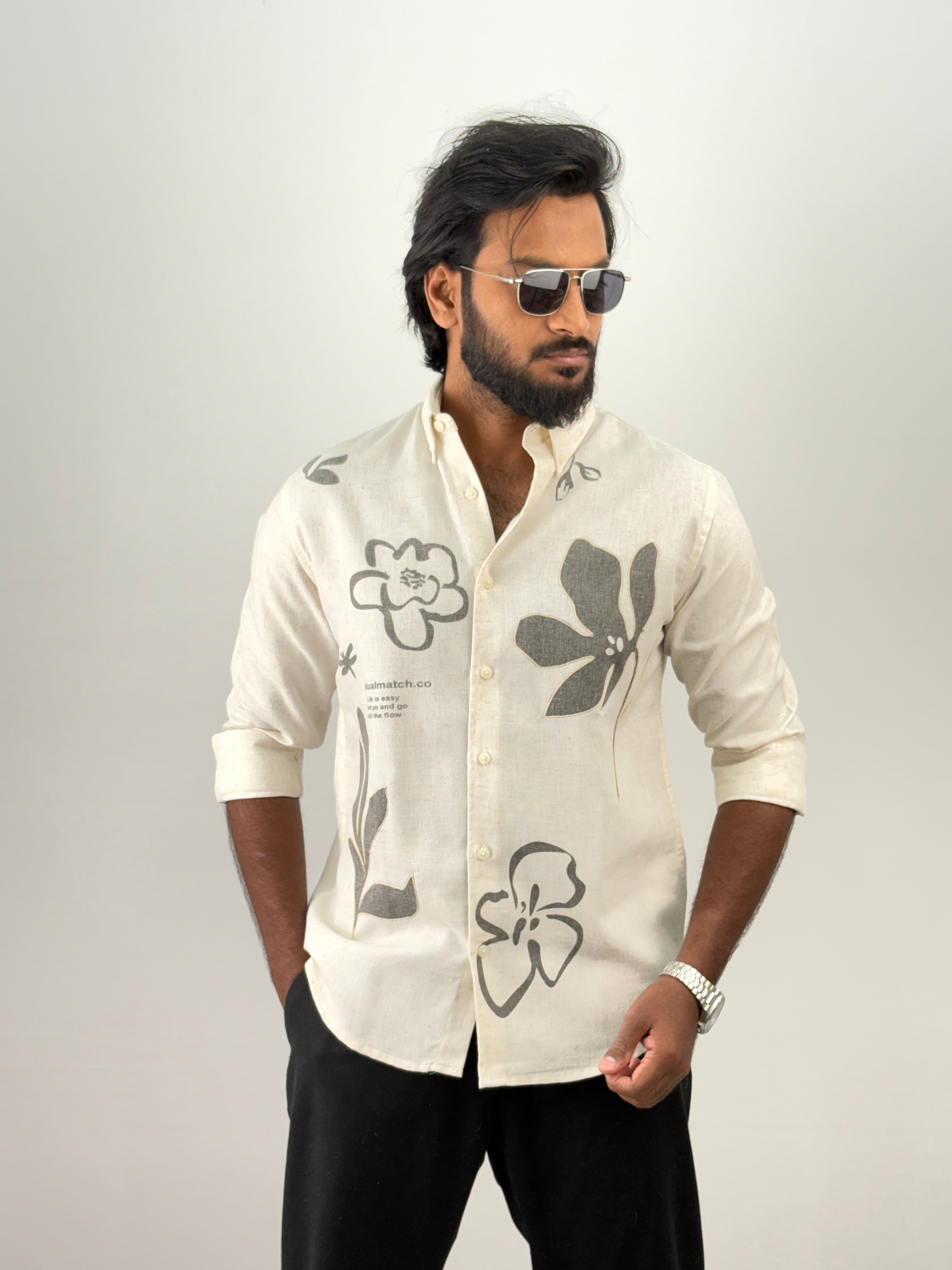 Beige Olive Linen Embroidery Shirt 2