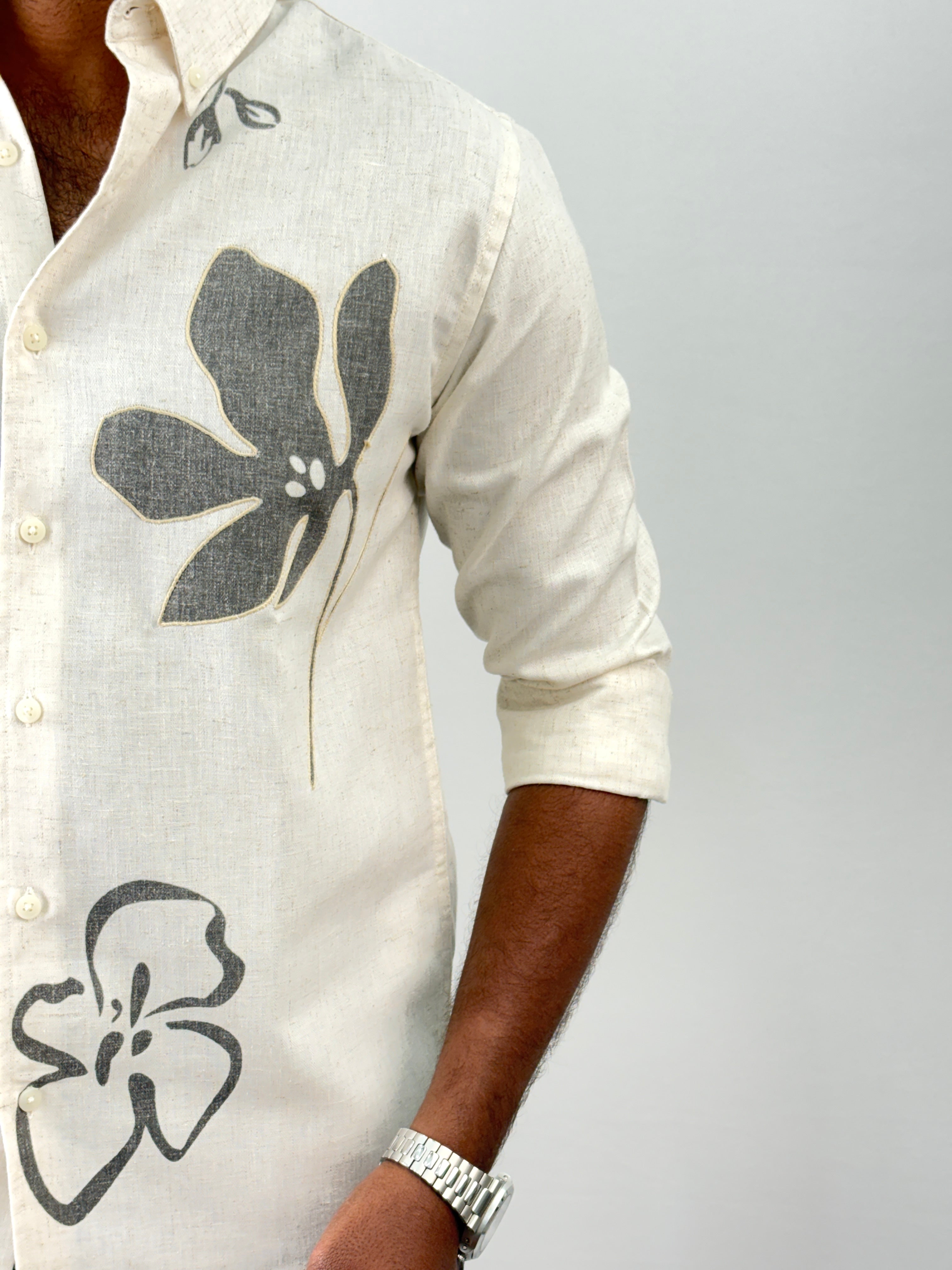 Beige Olive Linen Embroidery Shirt 2