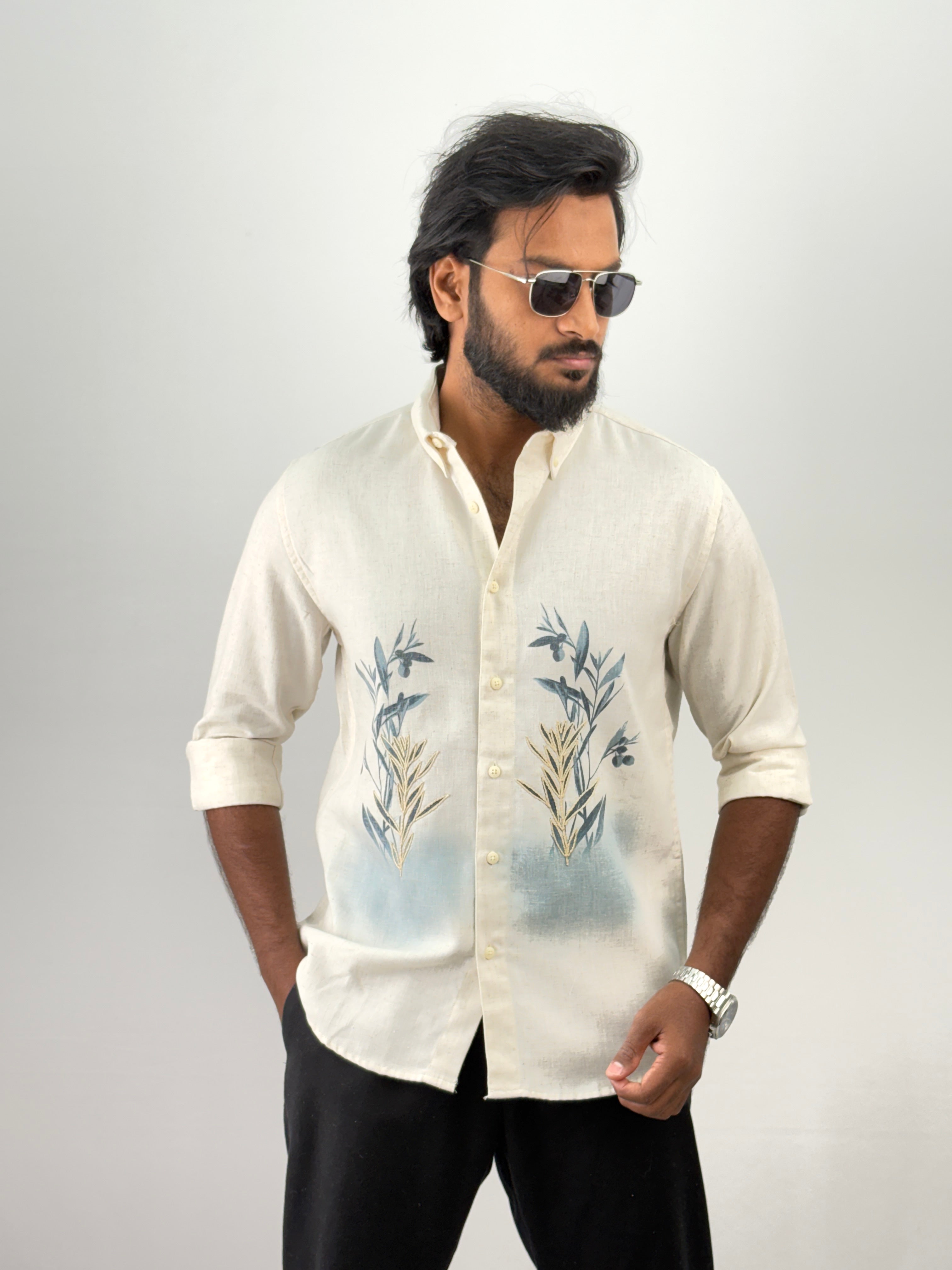 Beige Blue Linen Embroidery Shirt 8