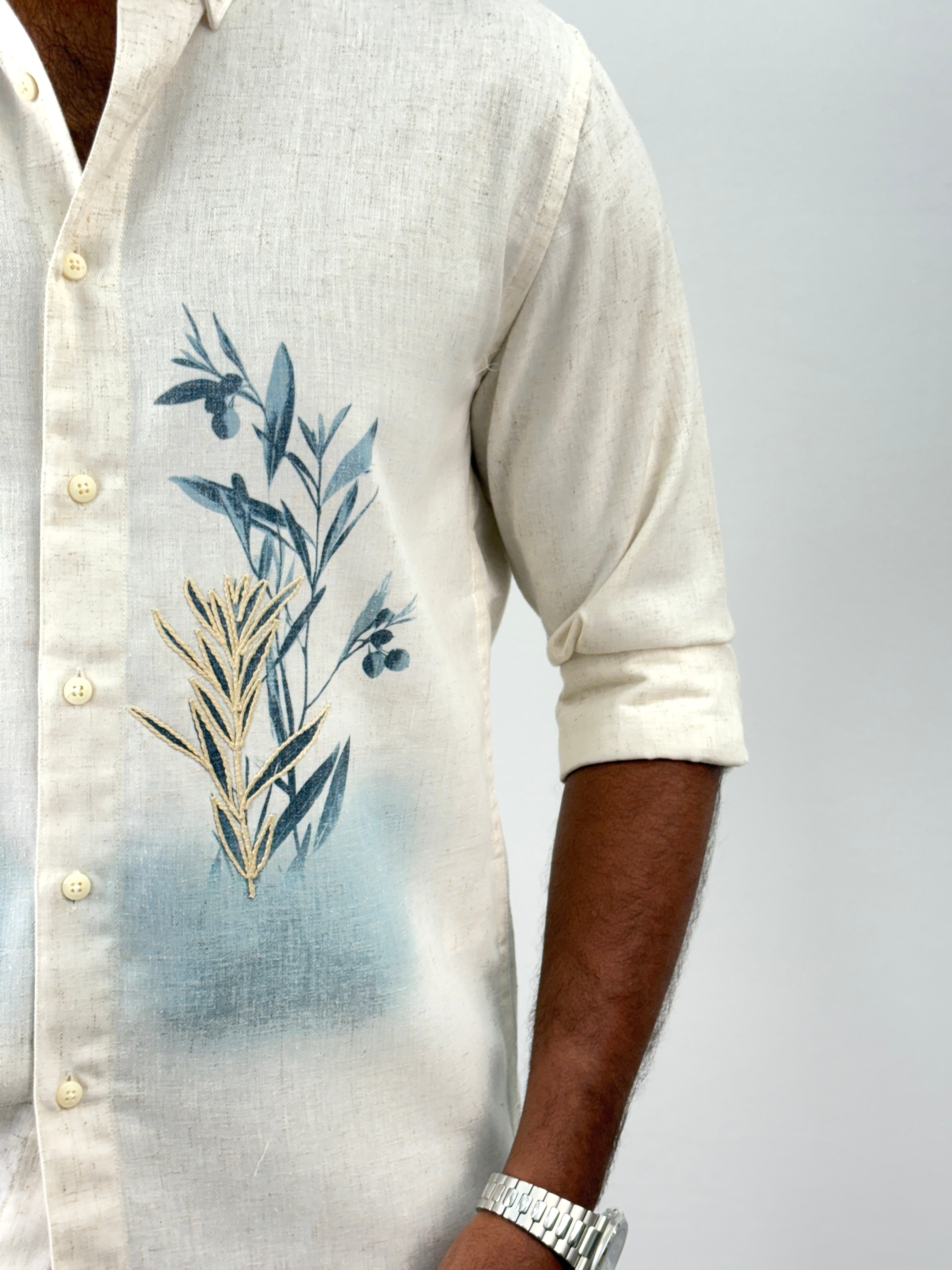 Beige Blue Linen Embroidery Shirt 8