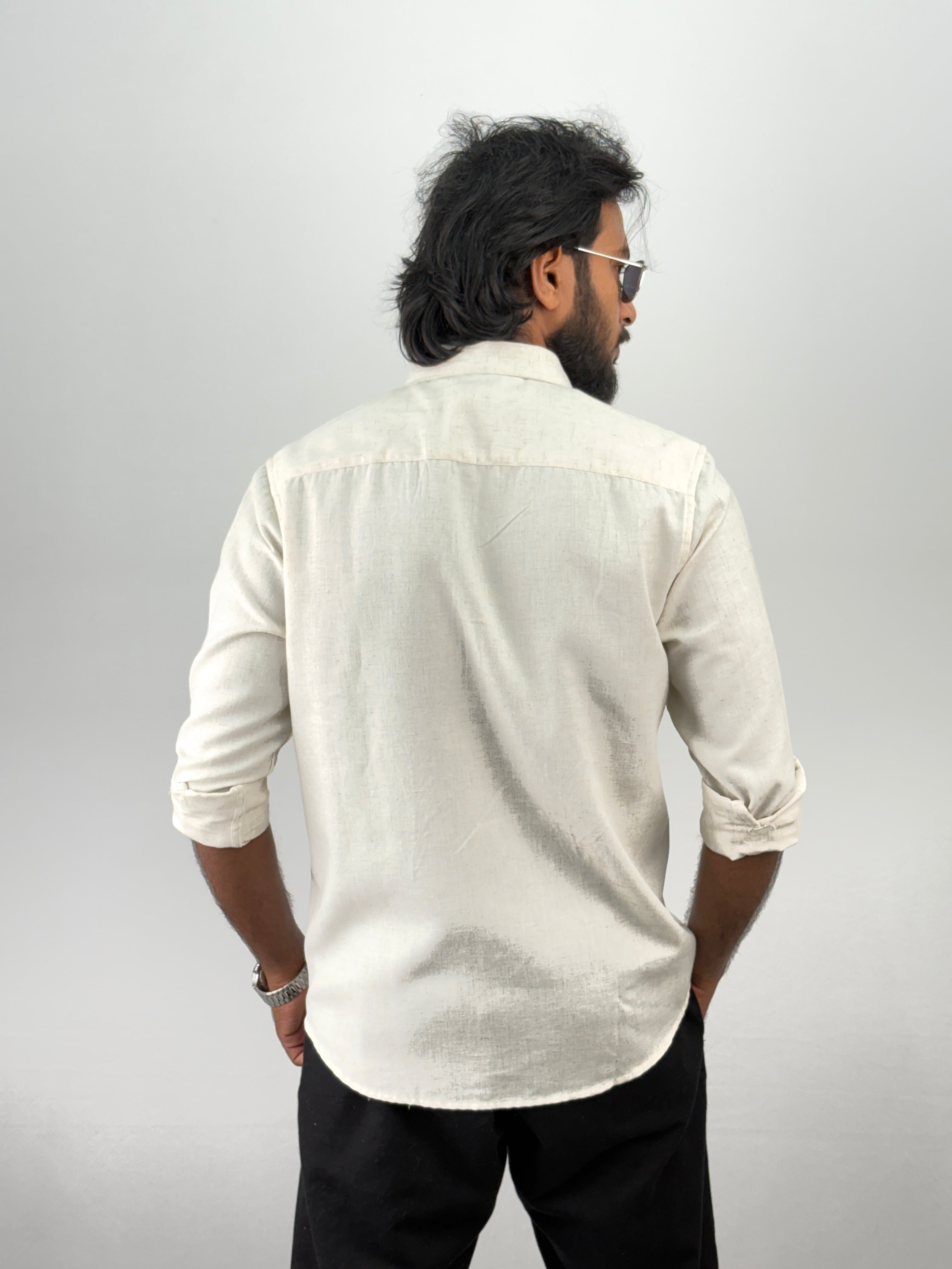 Beige Blue Linen Embroidery Shirt 8