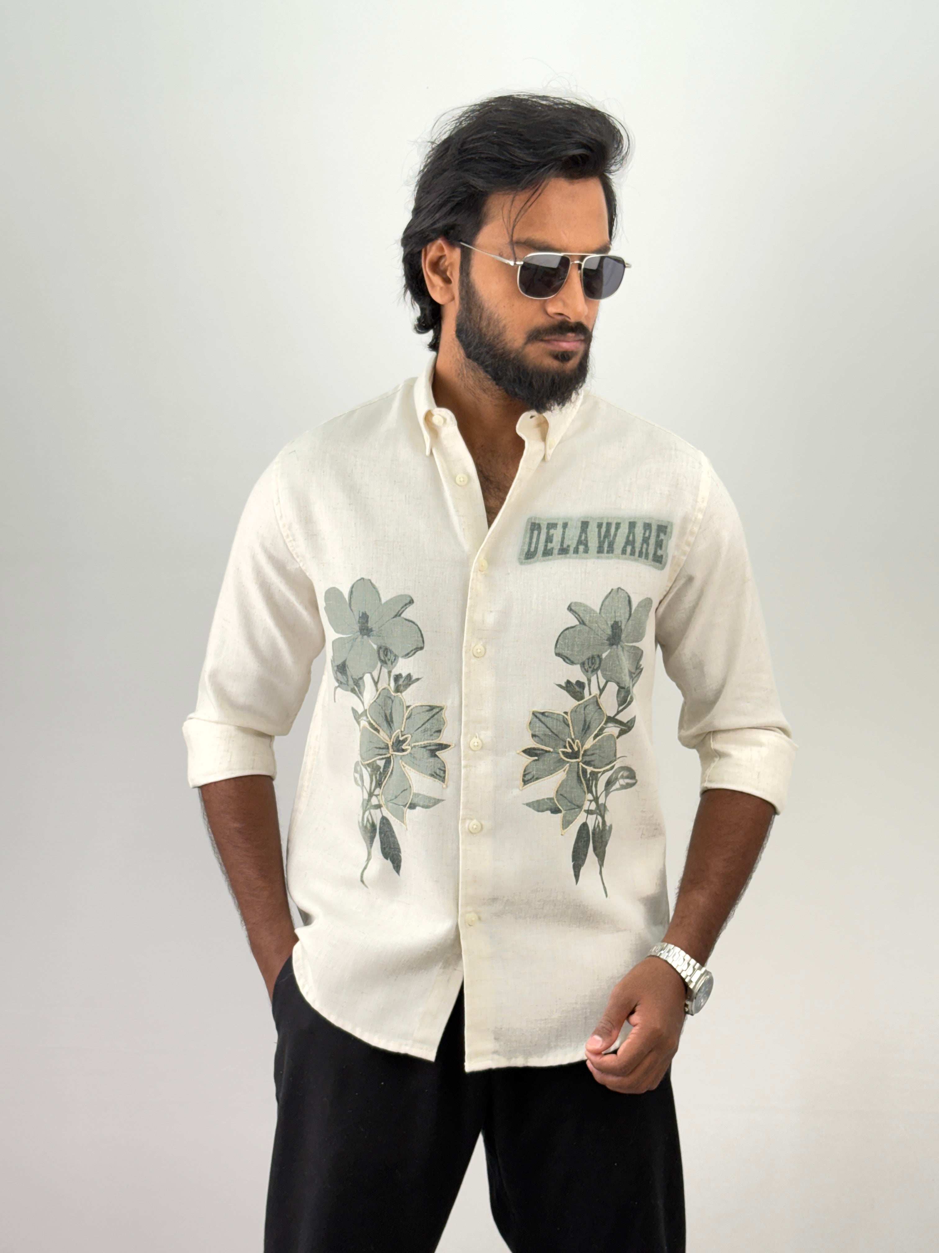 Beige Olive Linen Embroidery Shirt 5