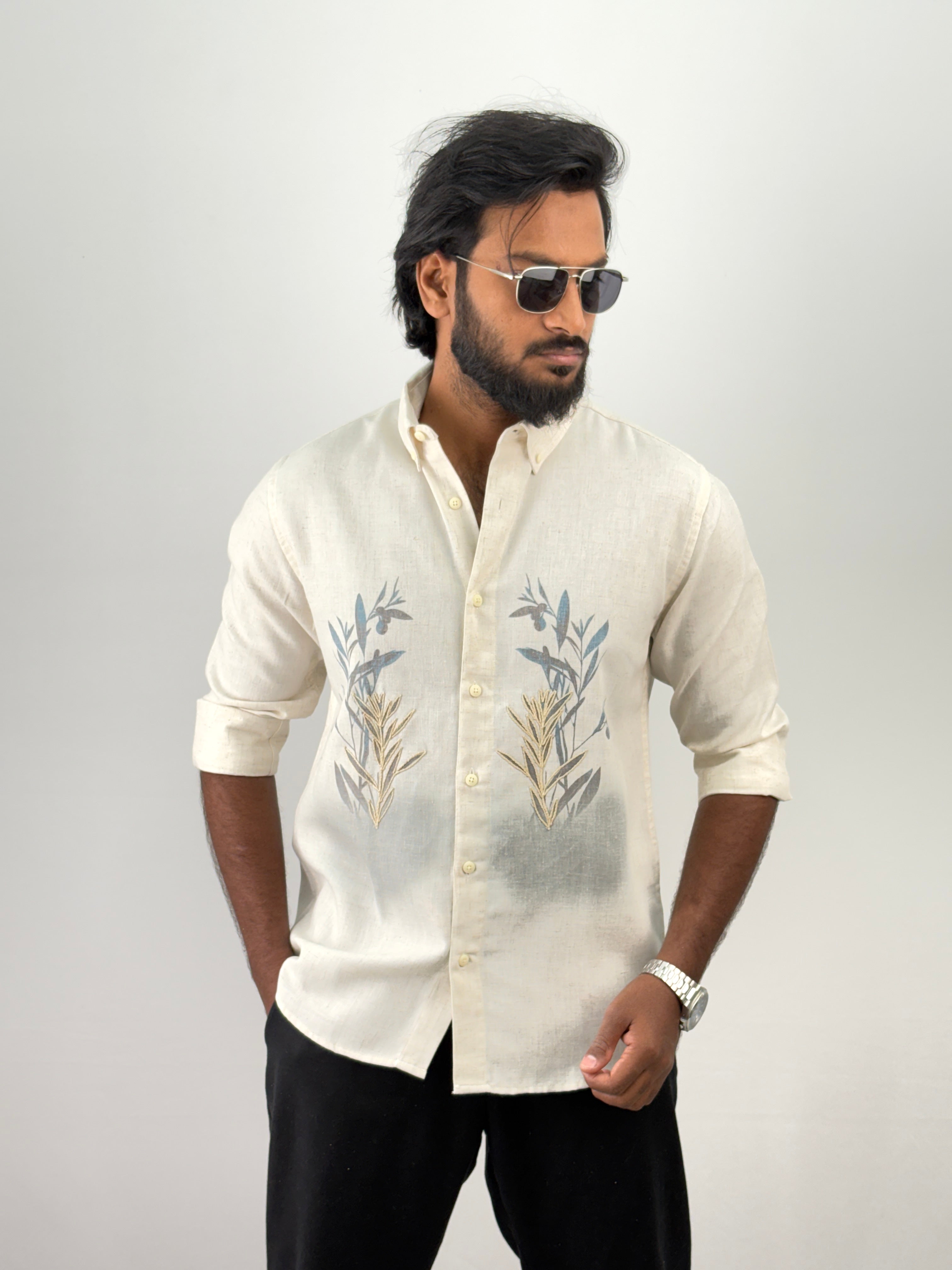 Beige Green Linen Embroidery Shirt 8