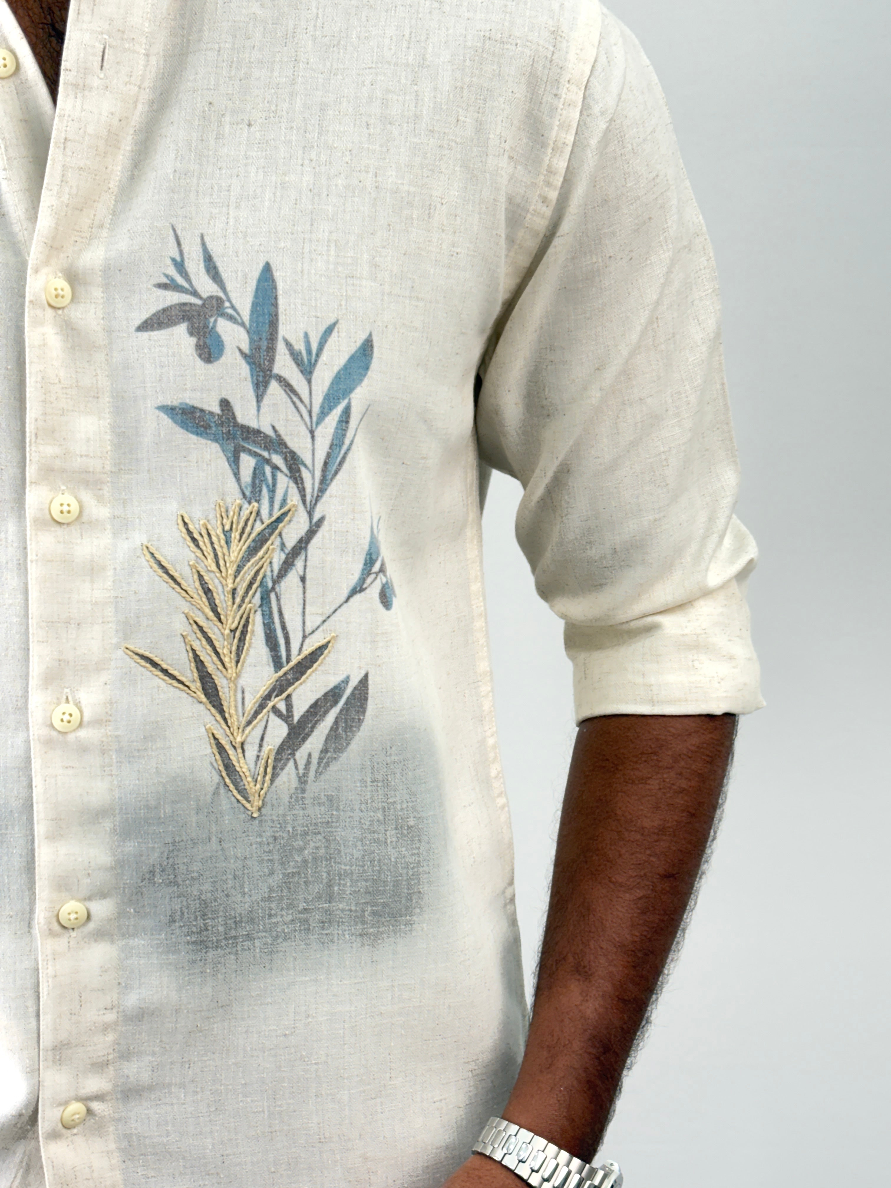 Beige Green Linen Embroidery Shirt 8