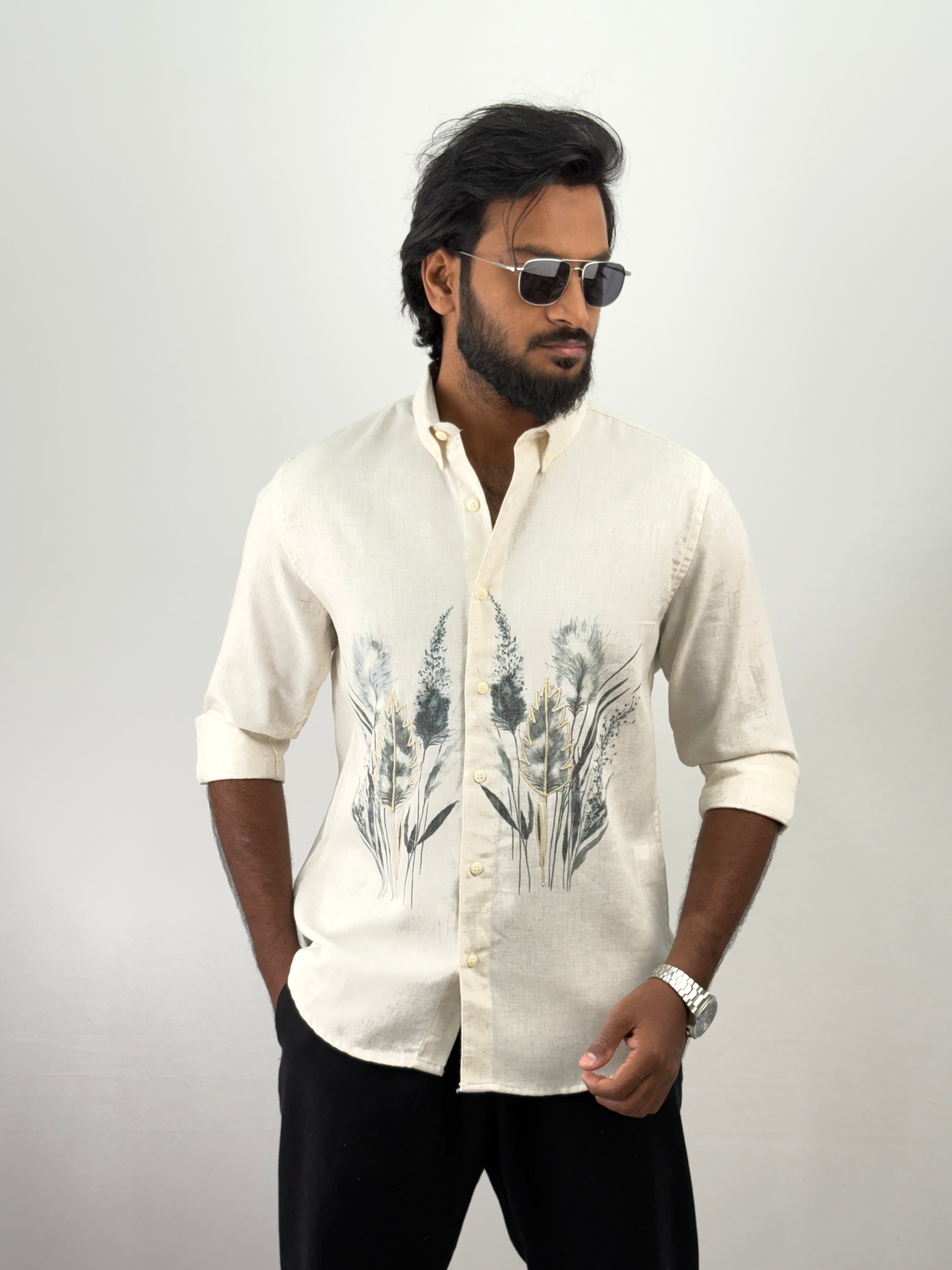Beige Blue Linen Embroidery Shirt 9