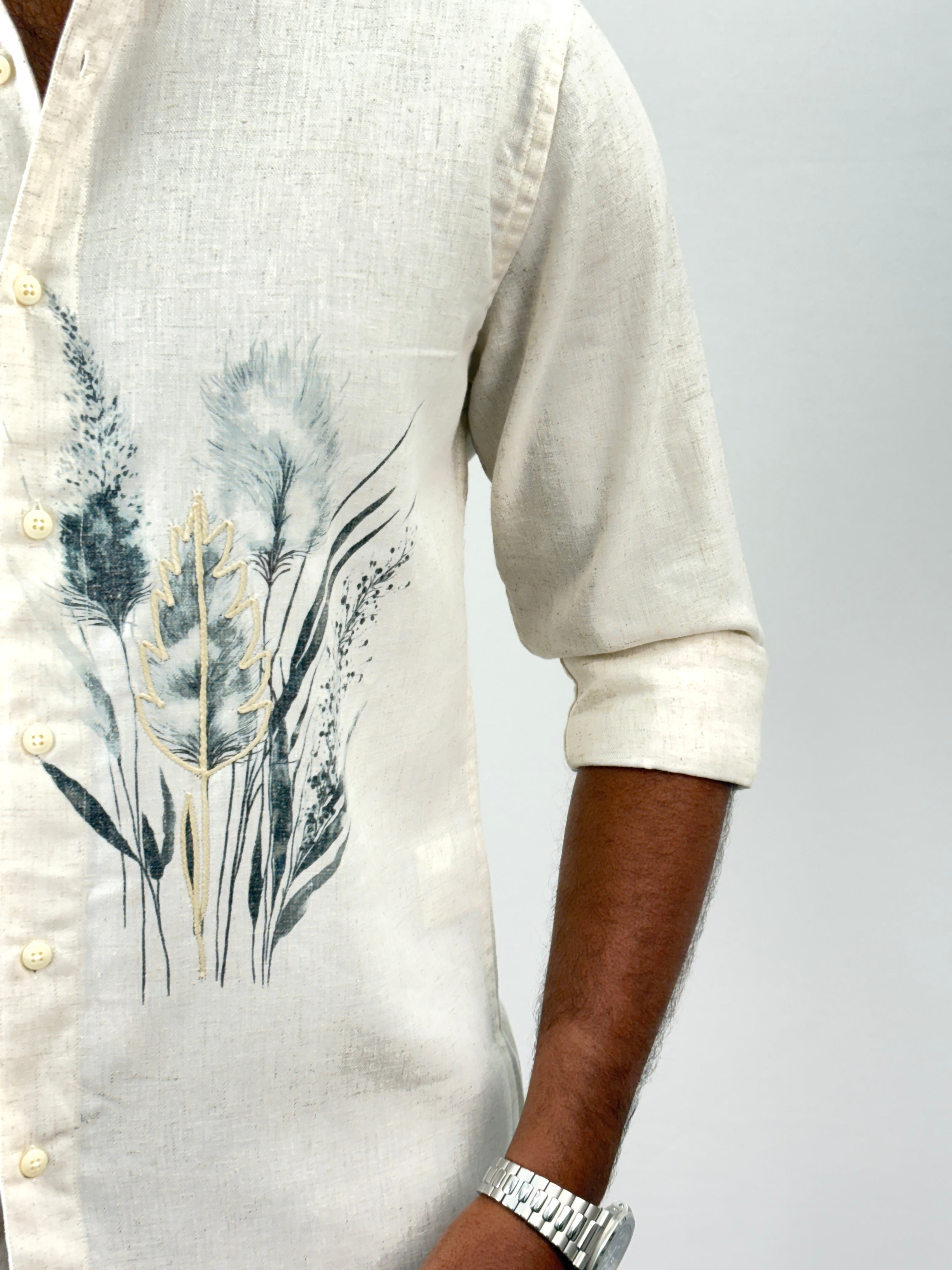 Beige Blue Linen Embroidery Shirt 9