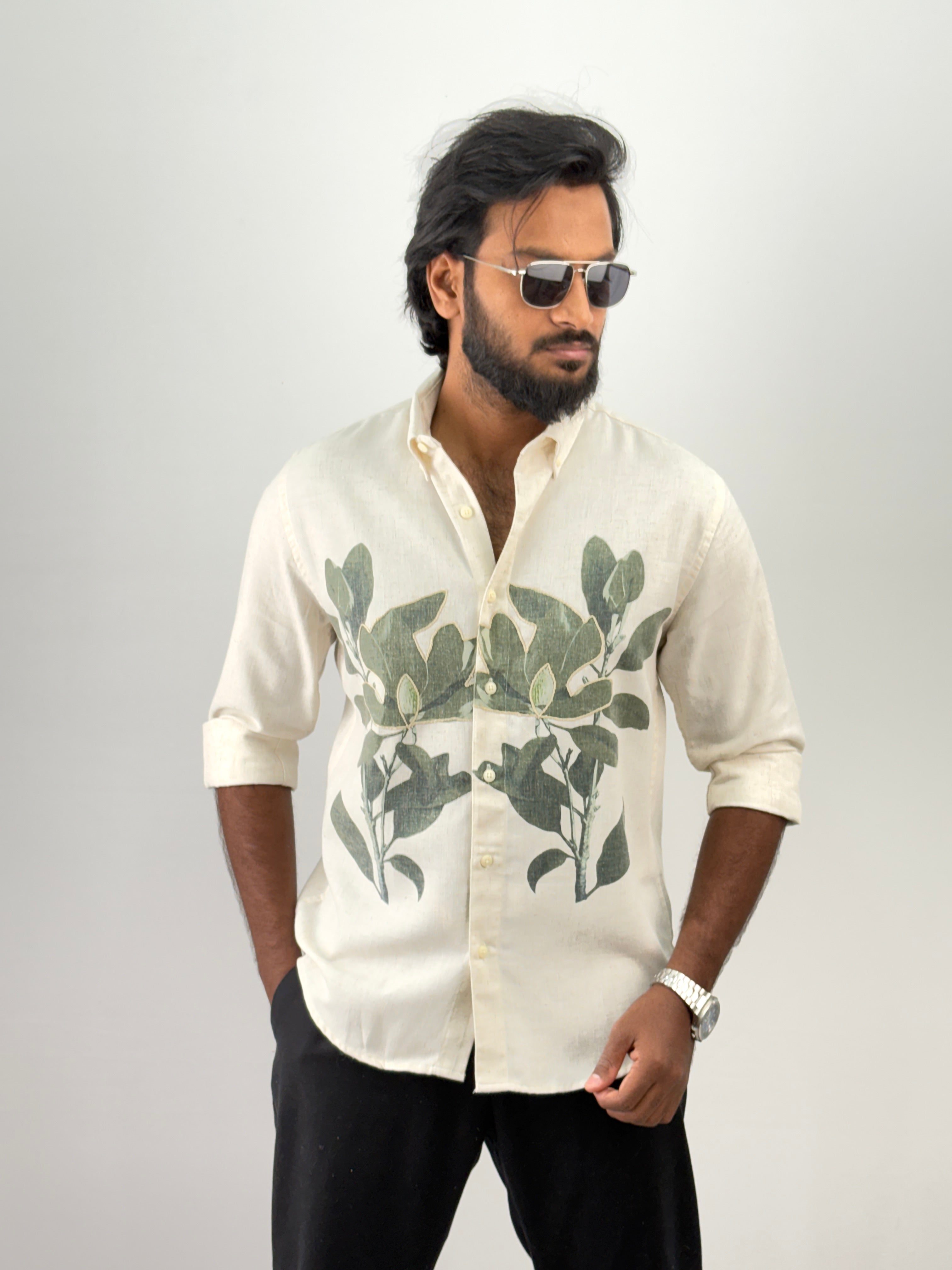 Beige Green Linen Embroidery Shirt 13
