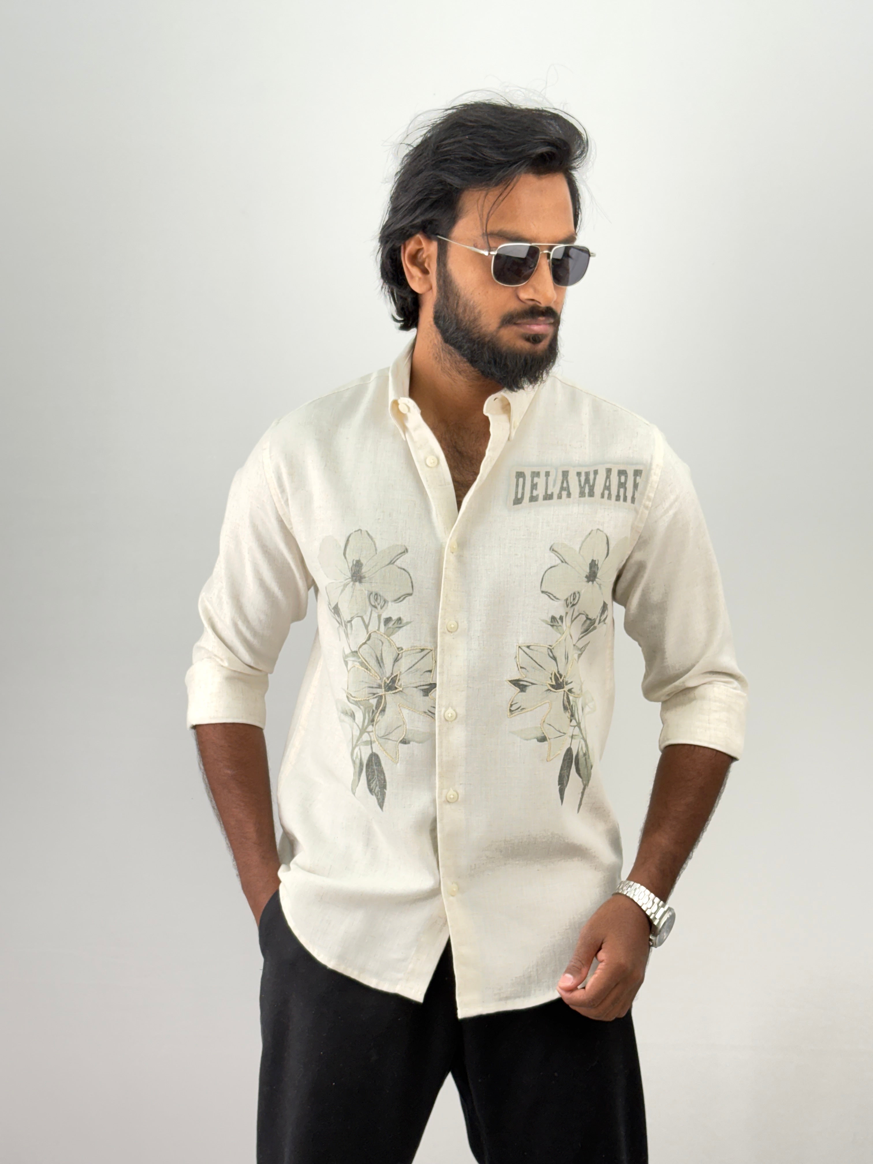 Beige Green Linen Embroidery Shirt 5