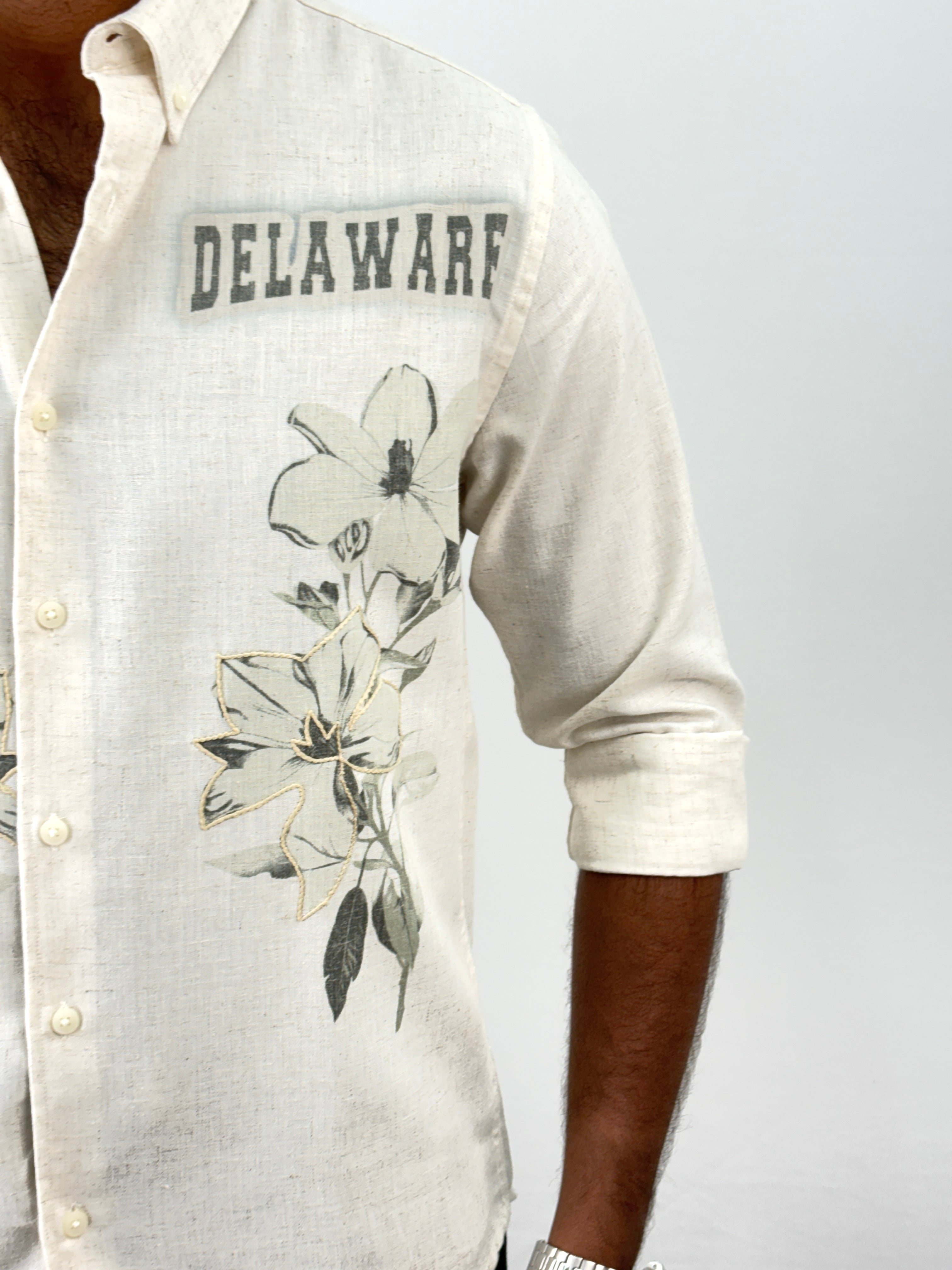 Beige Green Linen Embroidery Shirt 5