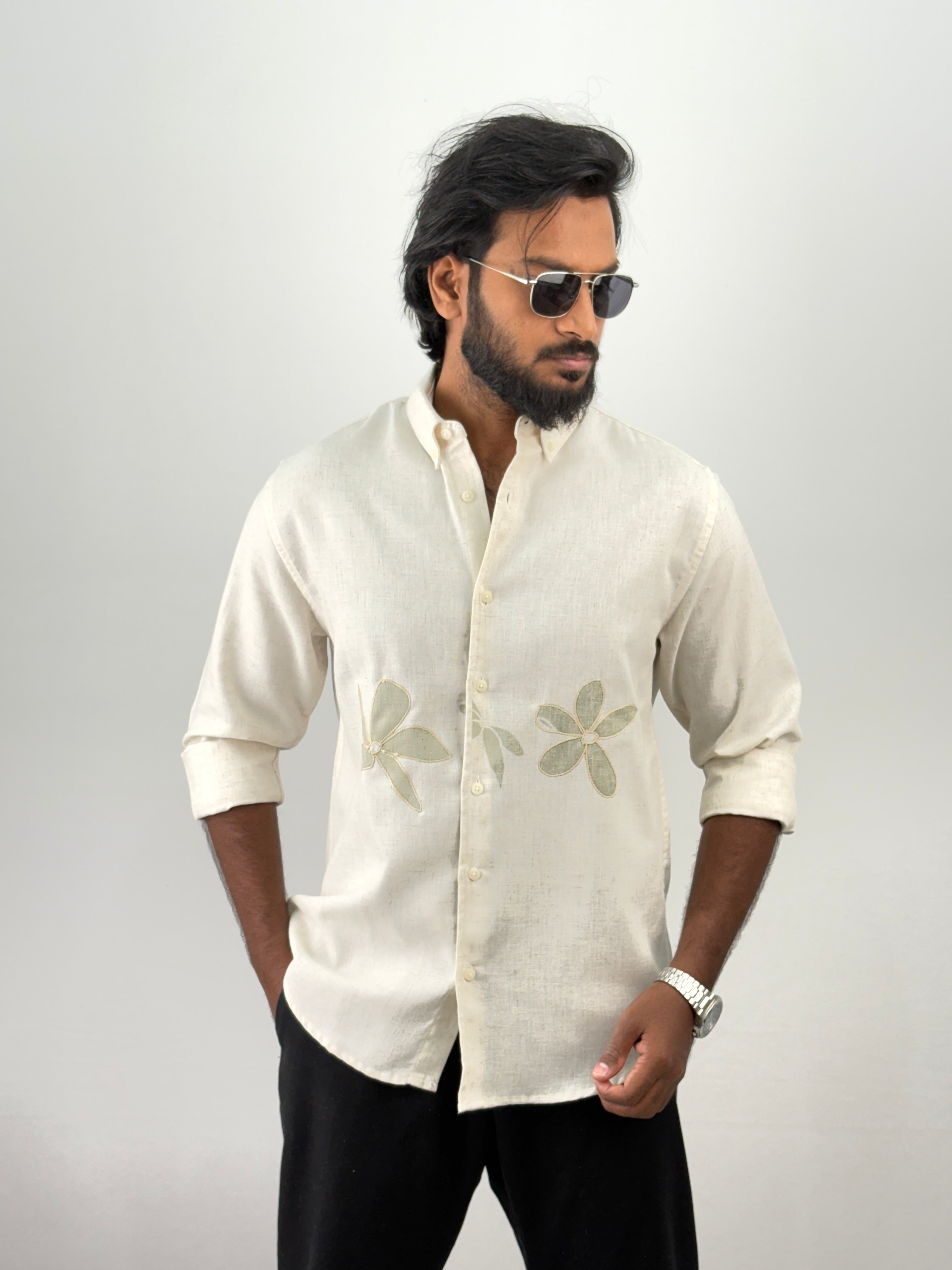 Beige Green Linen Embroidery Shirt 7