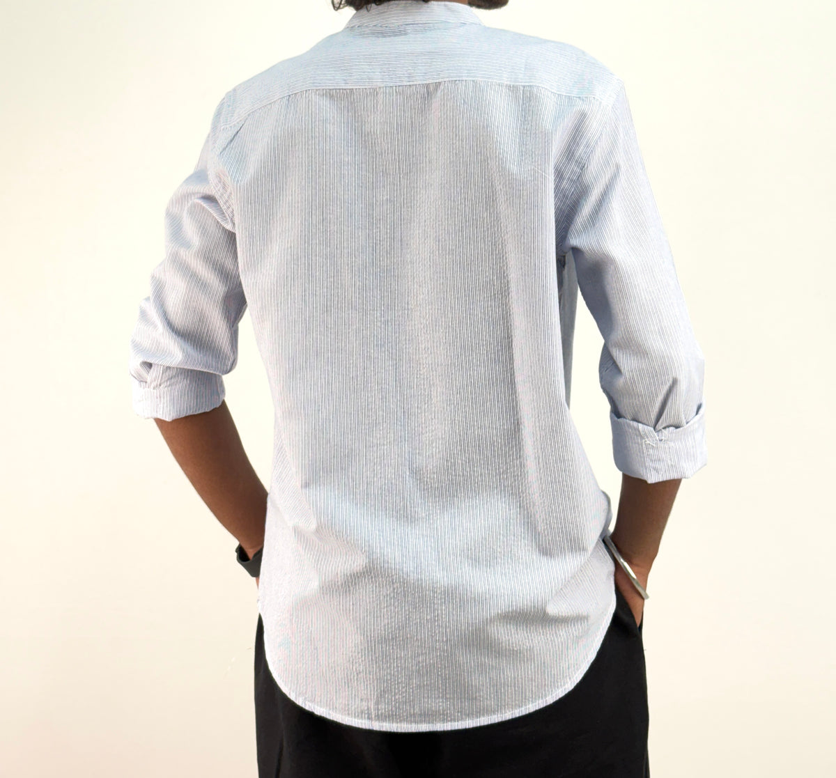 Blue Mandarin Collar Stripe Shirt