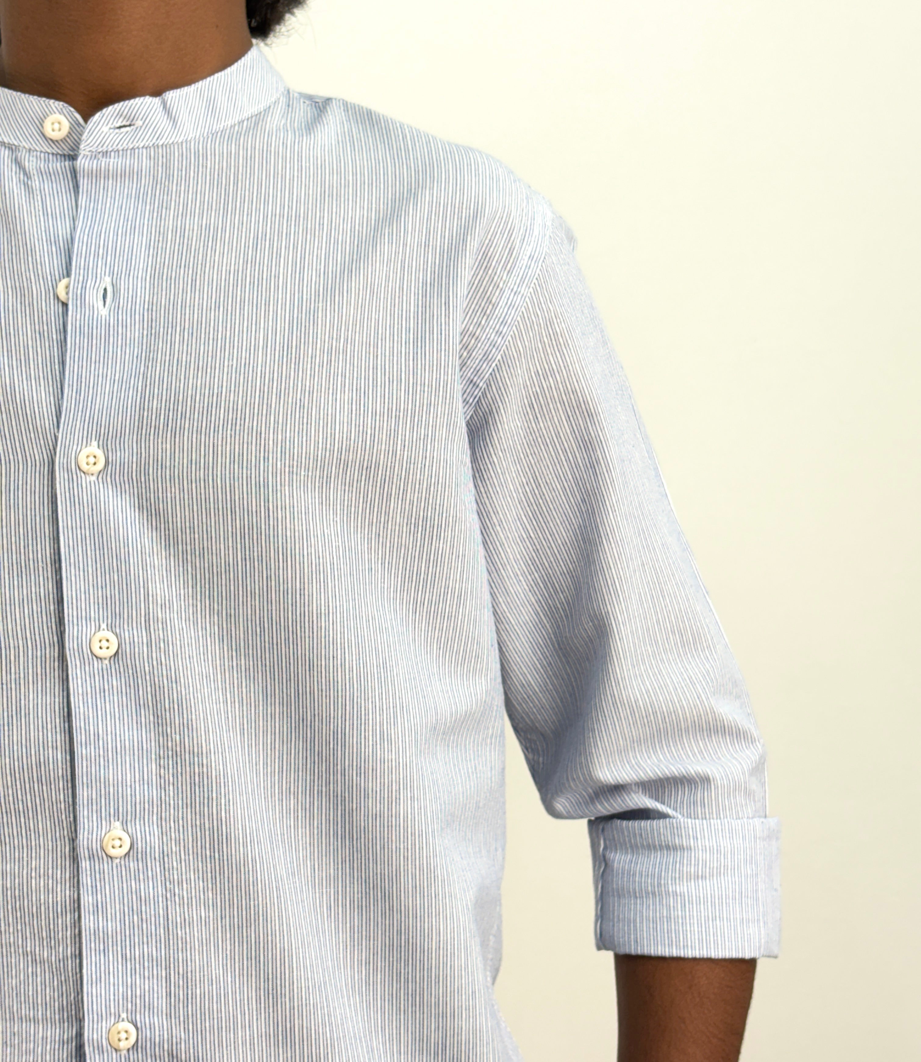 Blue Mandarin Collar Stripe Shirt