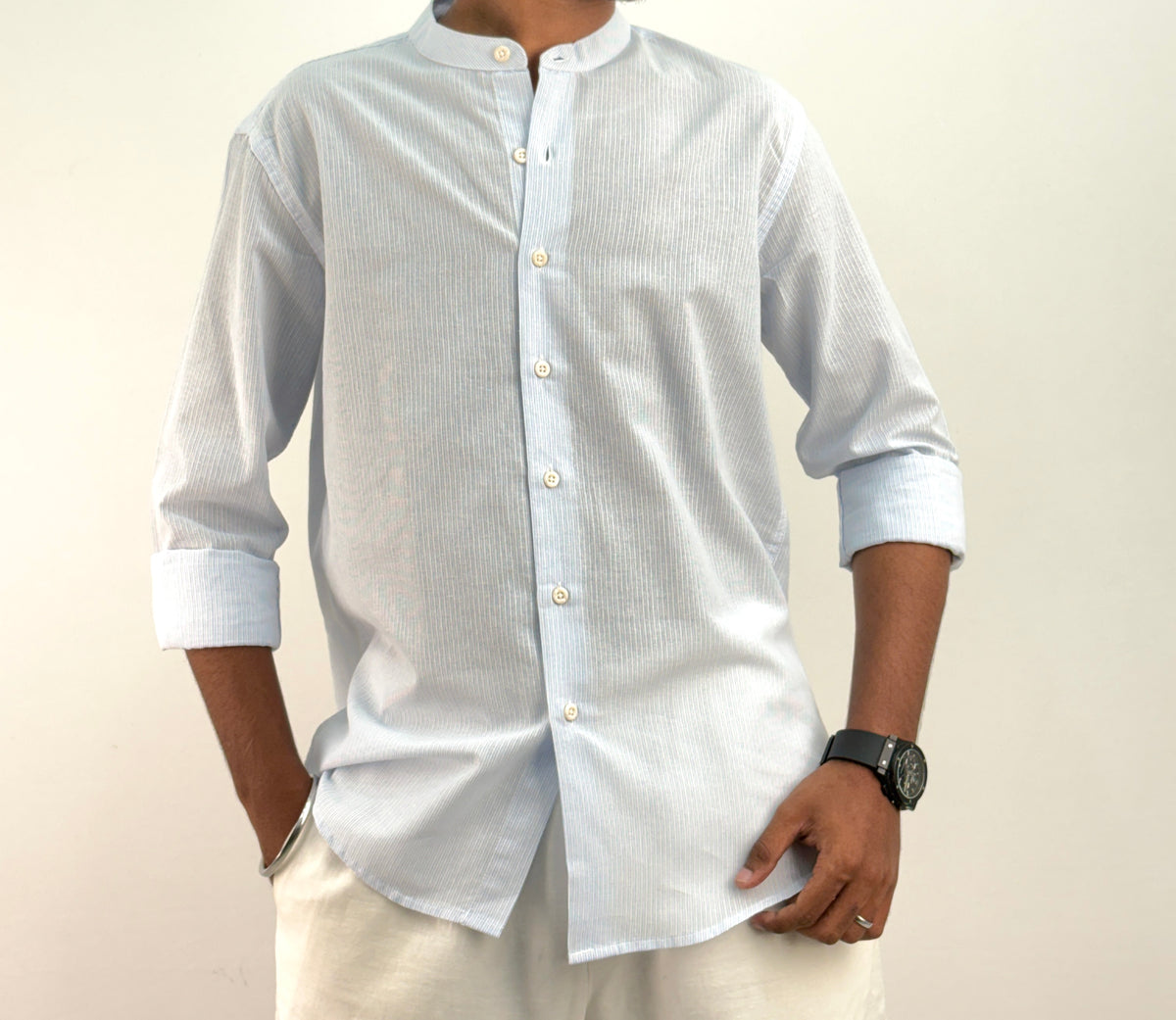 Ice Blue Mandarin Collar Stripe Shirt