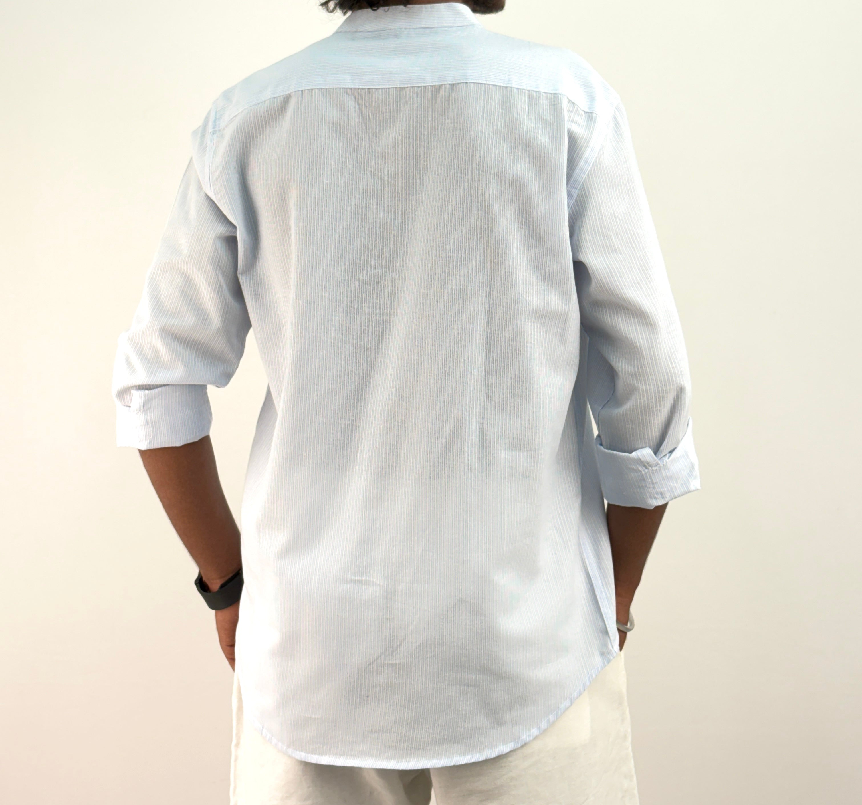 Ice Blue Mandarin Collar Stripe Shirt
