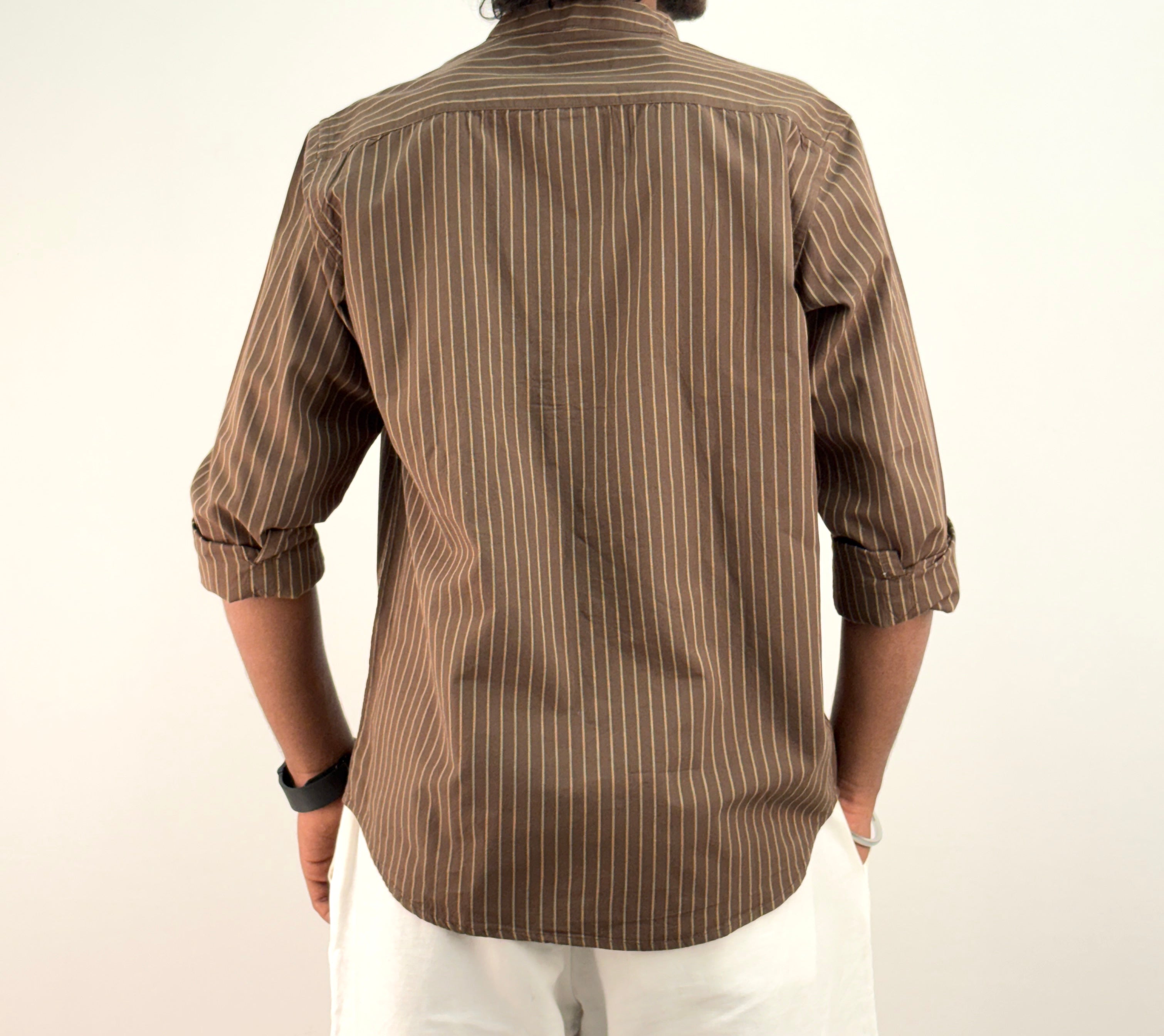 Brown Mandarin Collar Stripe Shirt