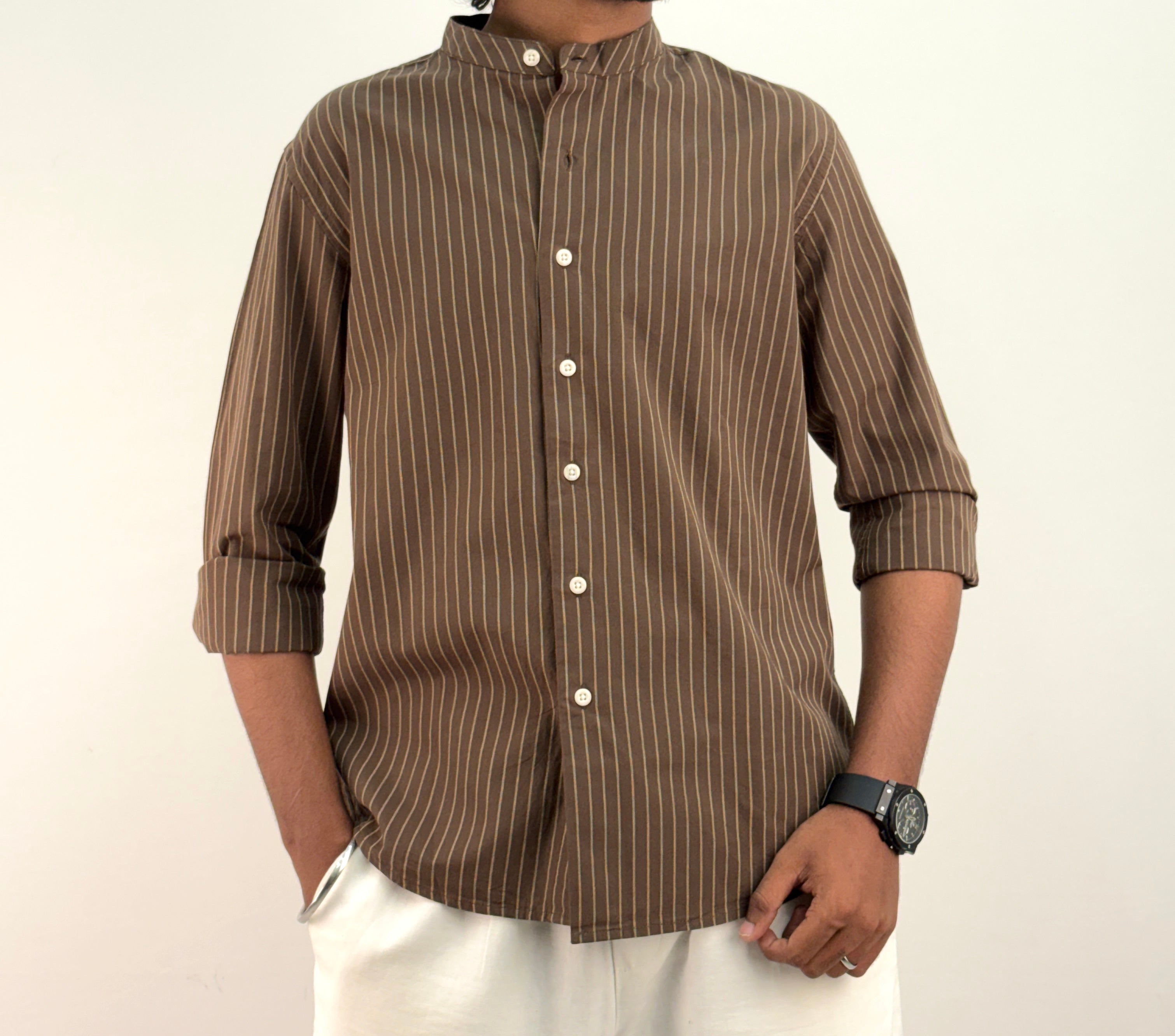Brown Mandarin Collar Stripe Shirt