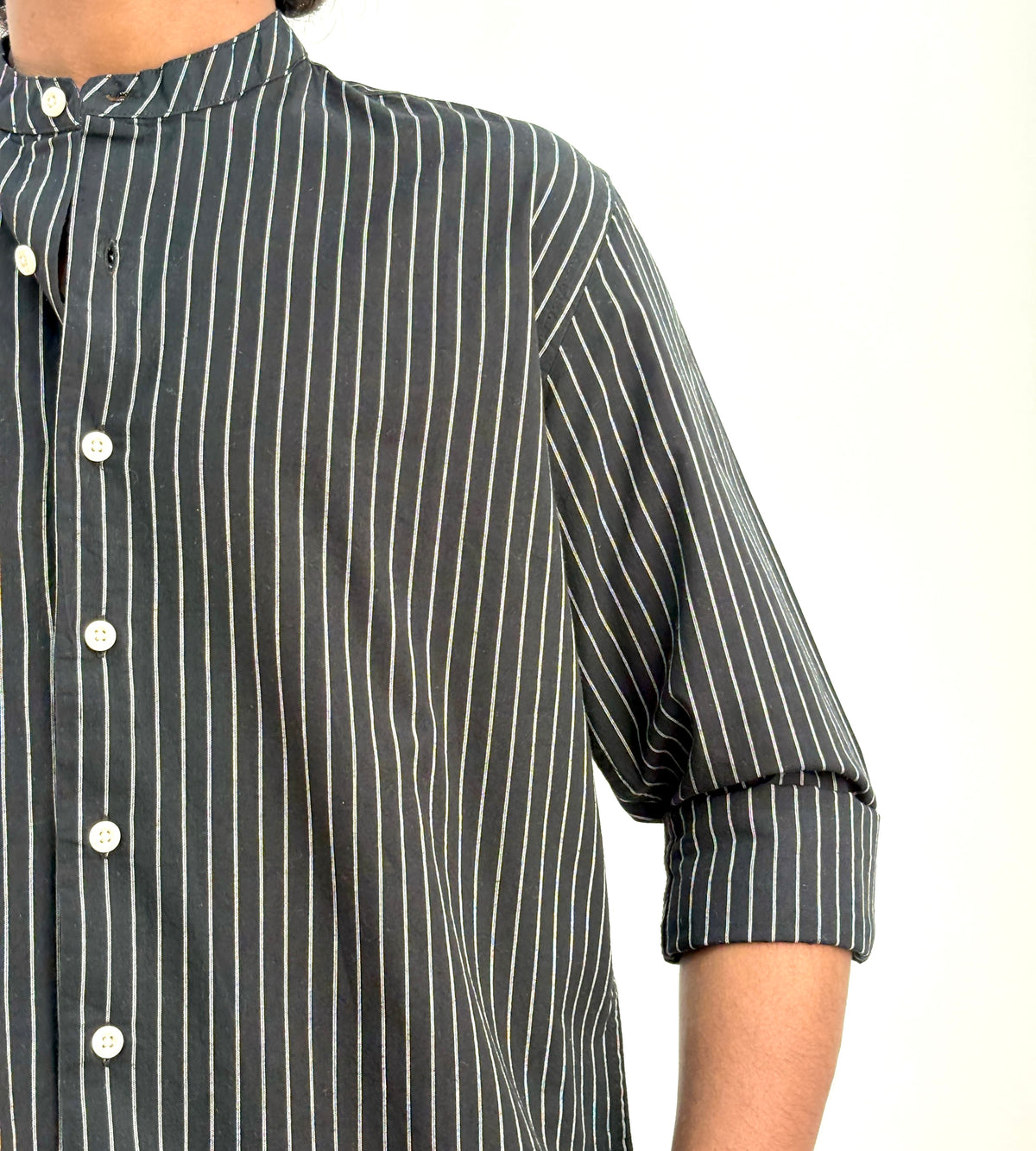 Black Mandarin Collar Stripe Shirt