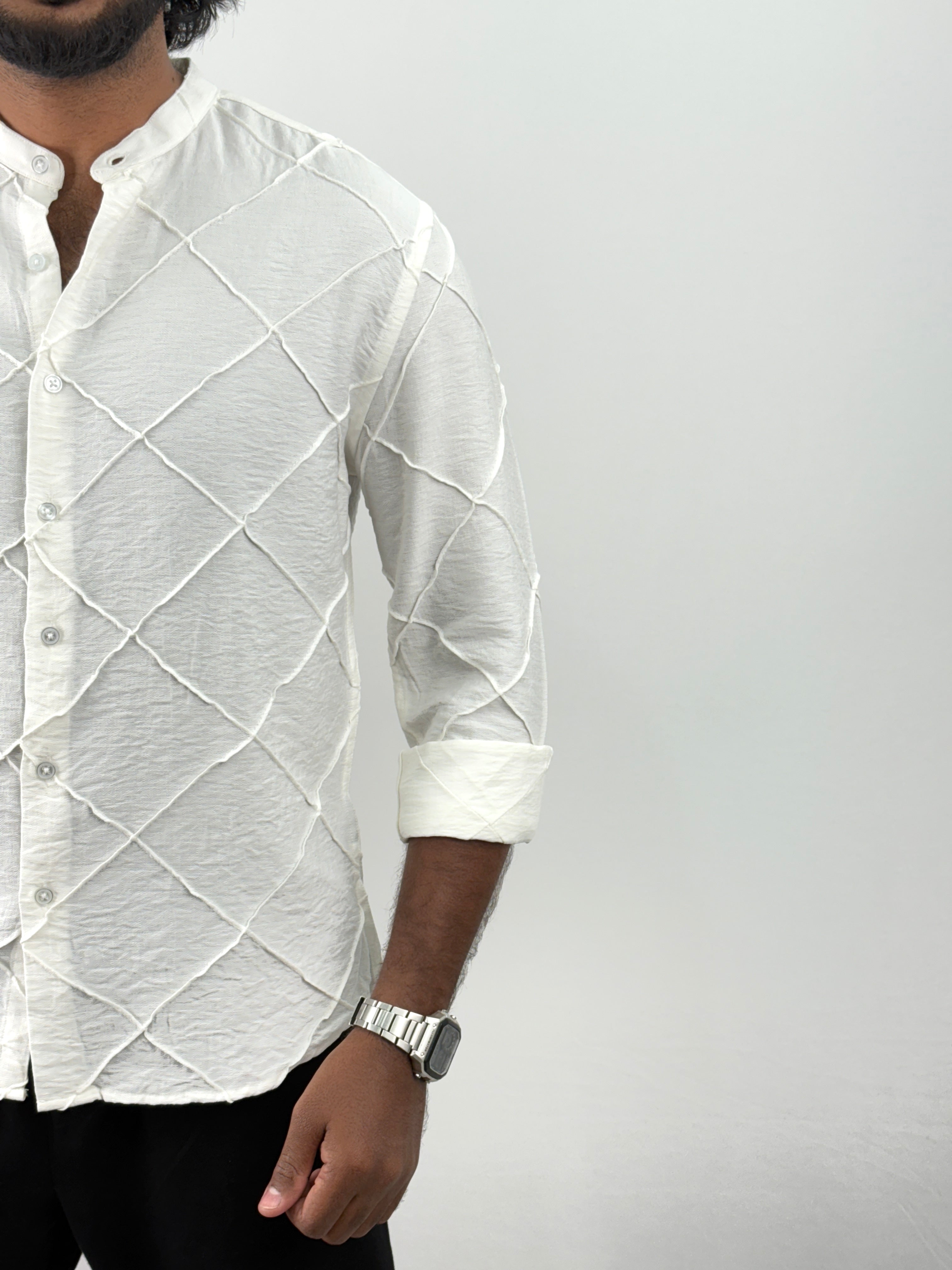 White Mandarin Collar Textured Shirts