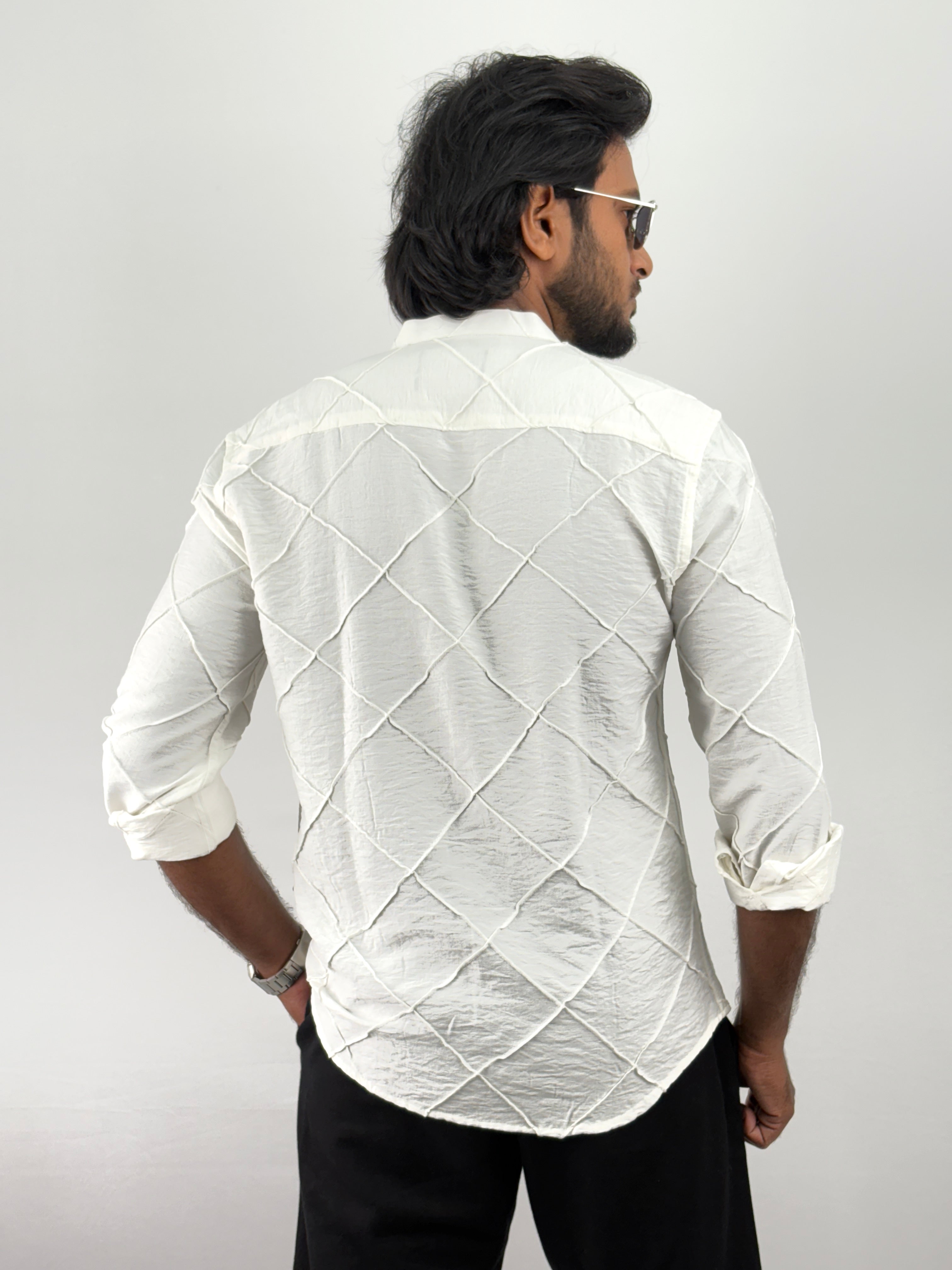 White Mandarin Collar Textured Shirts