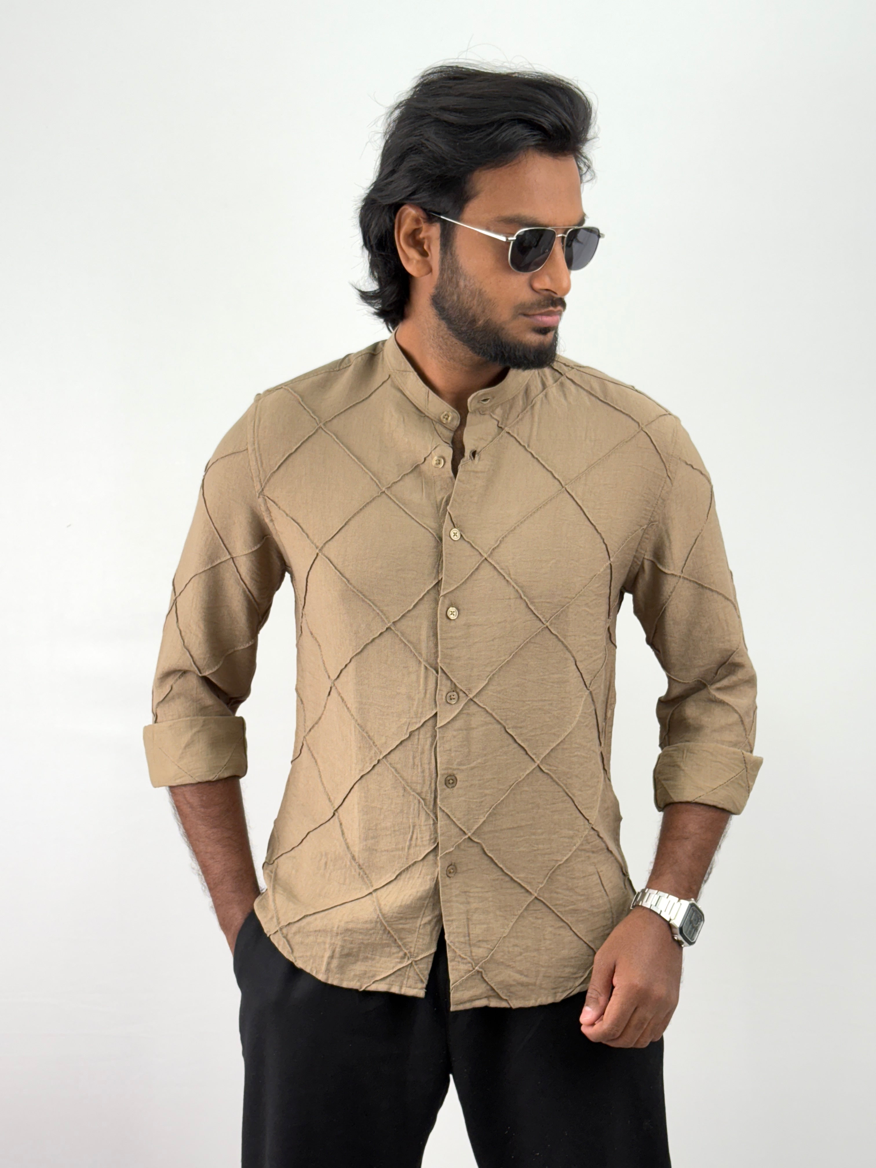 Brown Mandarin Collar Textured Shirts