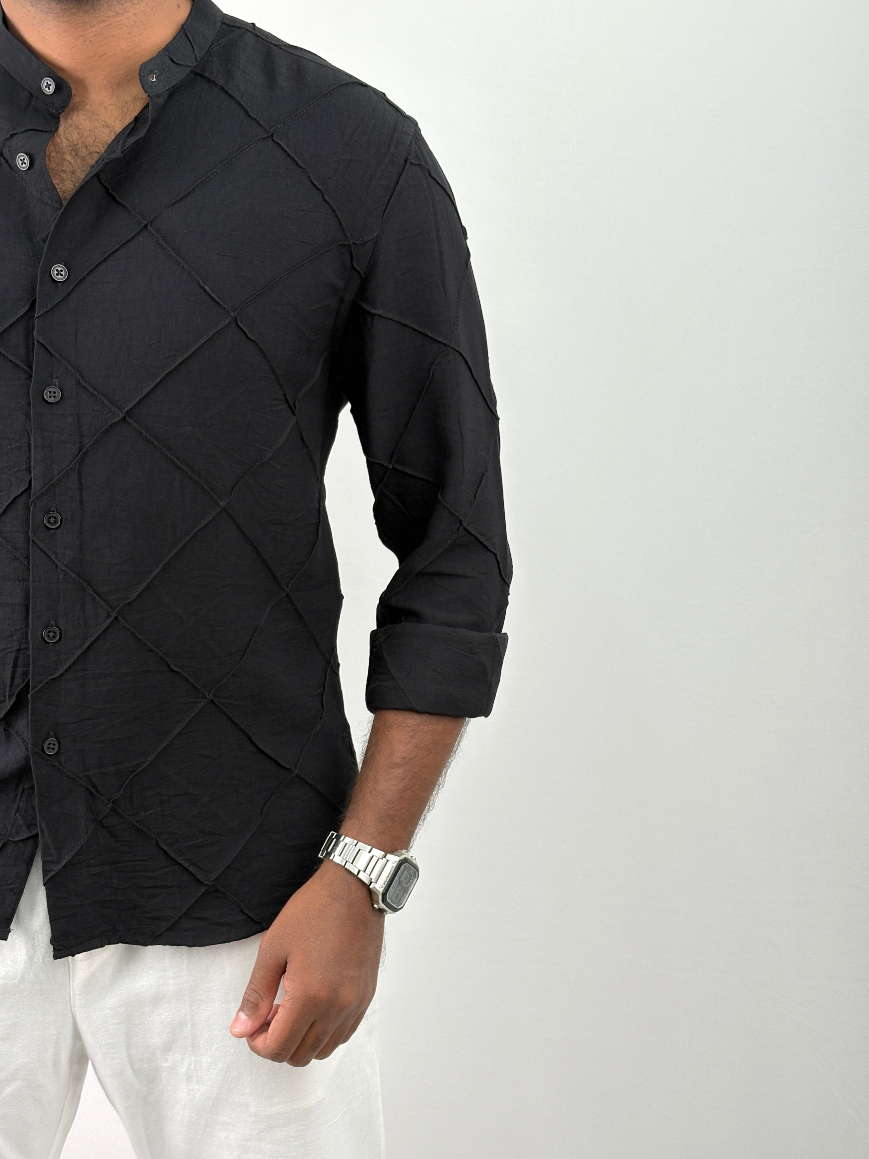 Black Mandarin Collar Textured Shirts