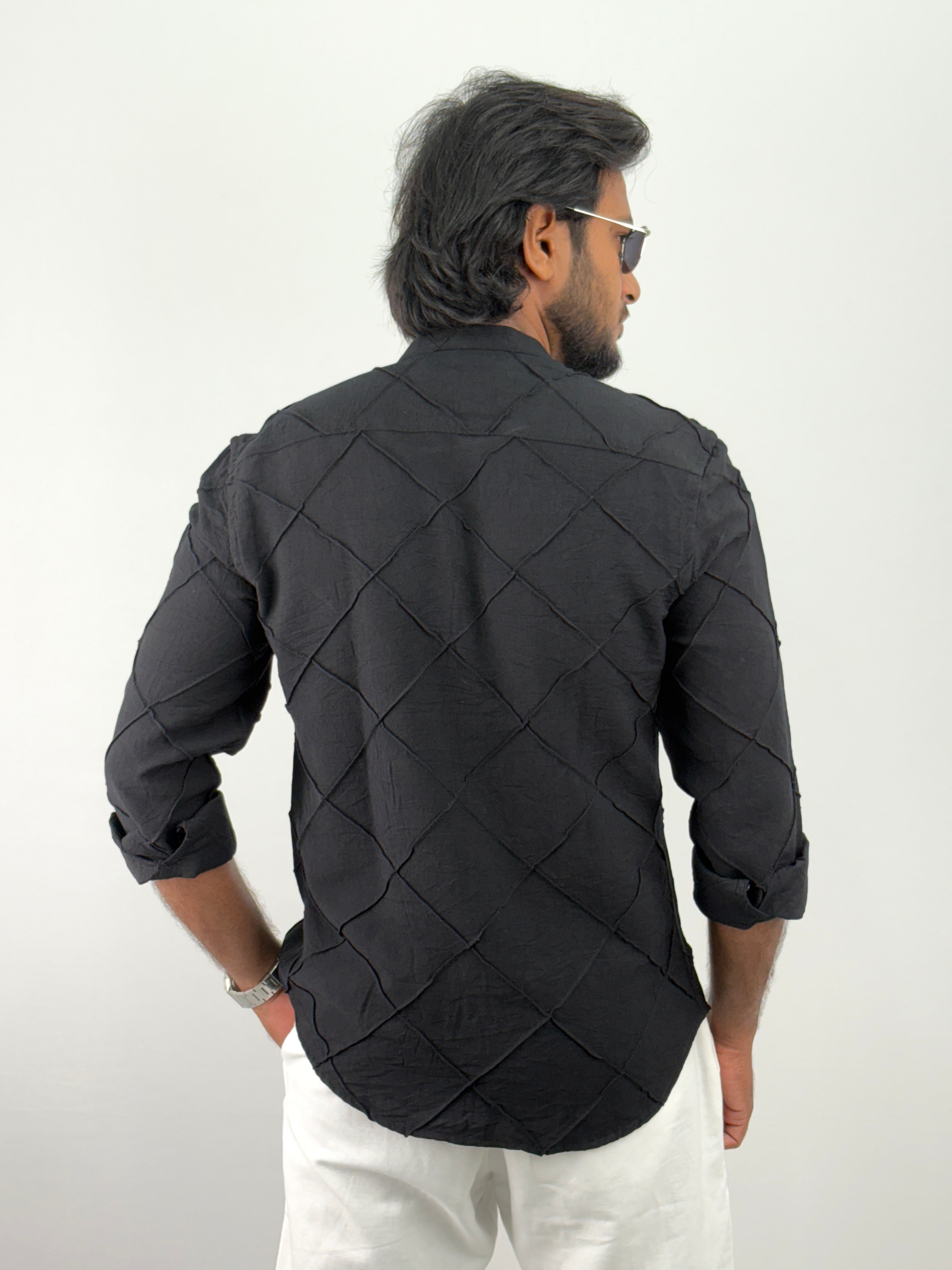 Black Mandarin Collar Textured Shirts