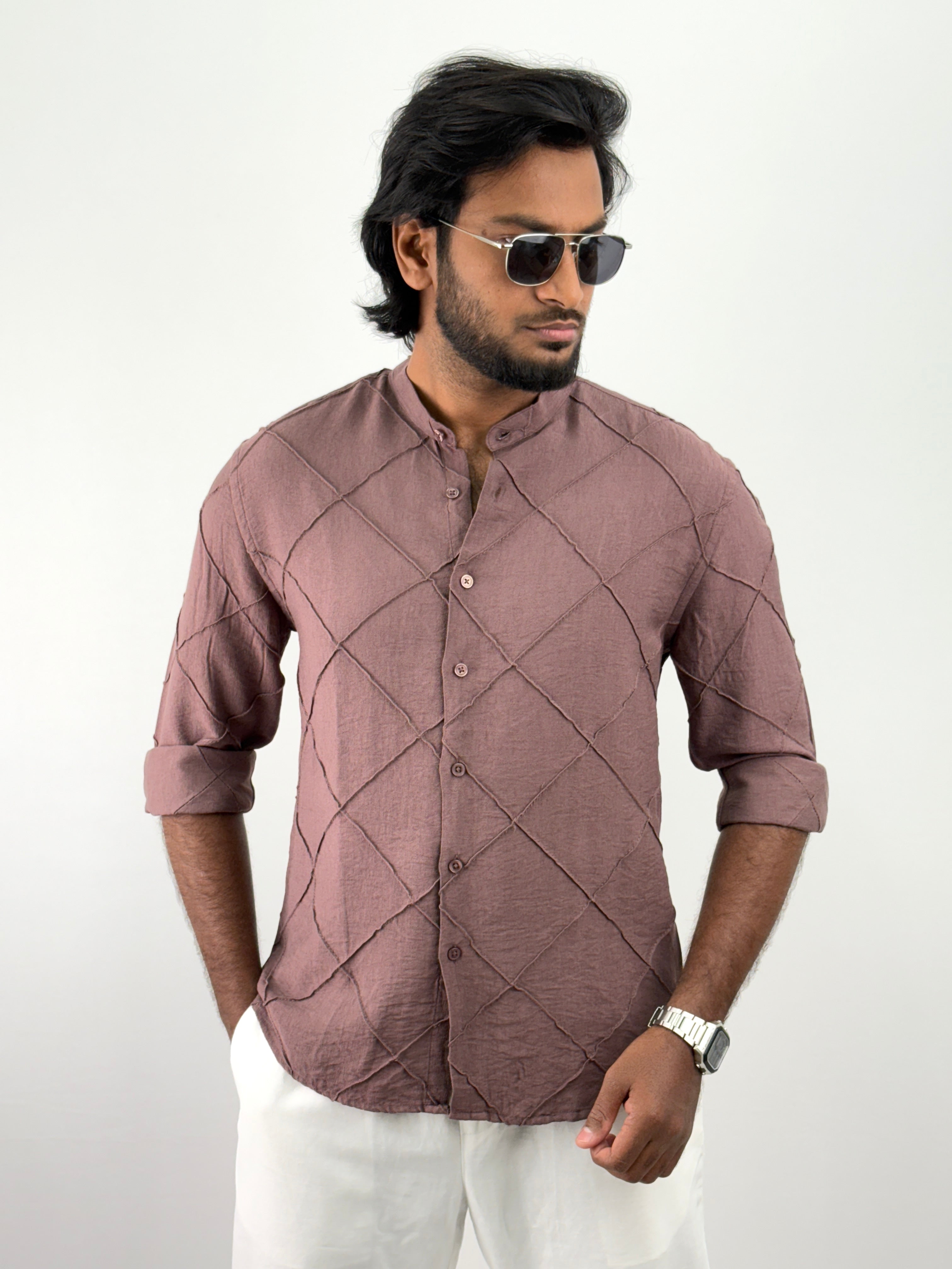 Burgundy Mandarin Collar Textured Shirts