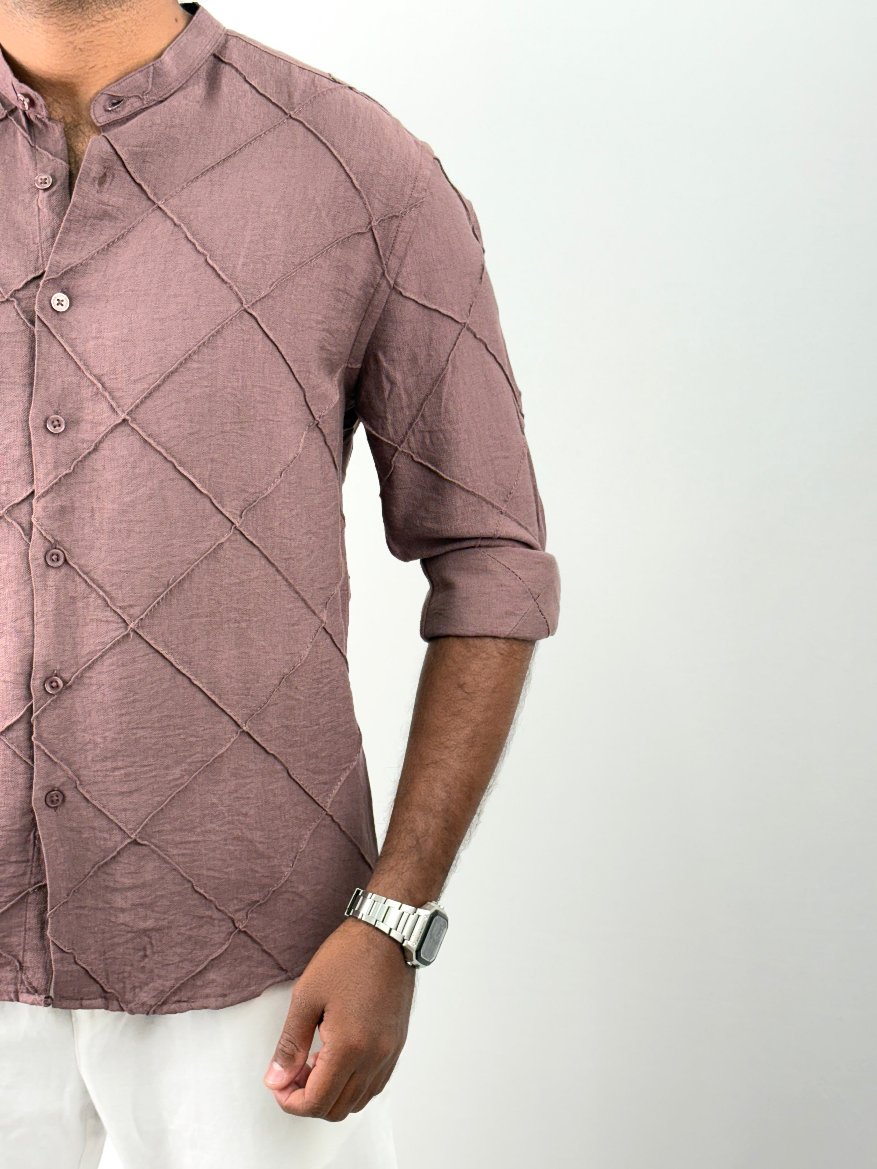 Burgundy Mandarin Collar Textured Shirts