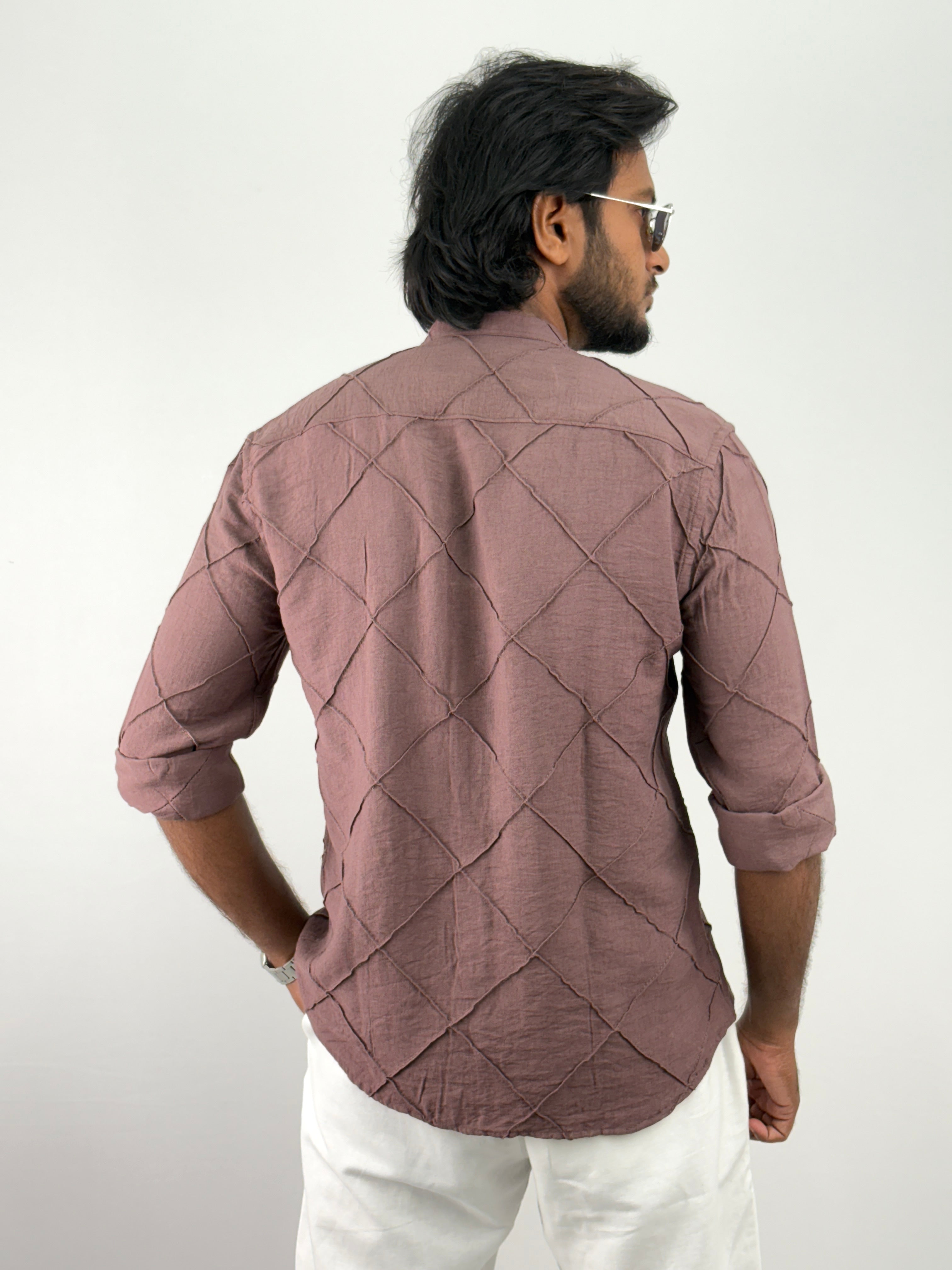 Burgundy Mandarin Collar Textured Shirts