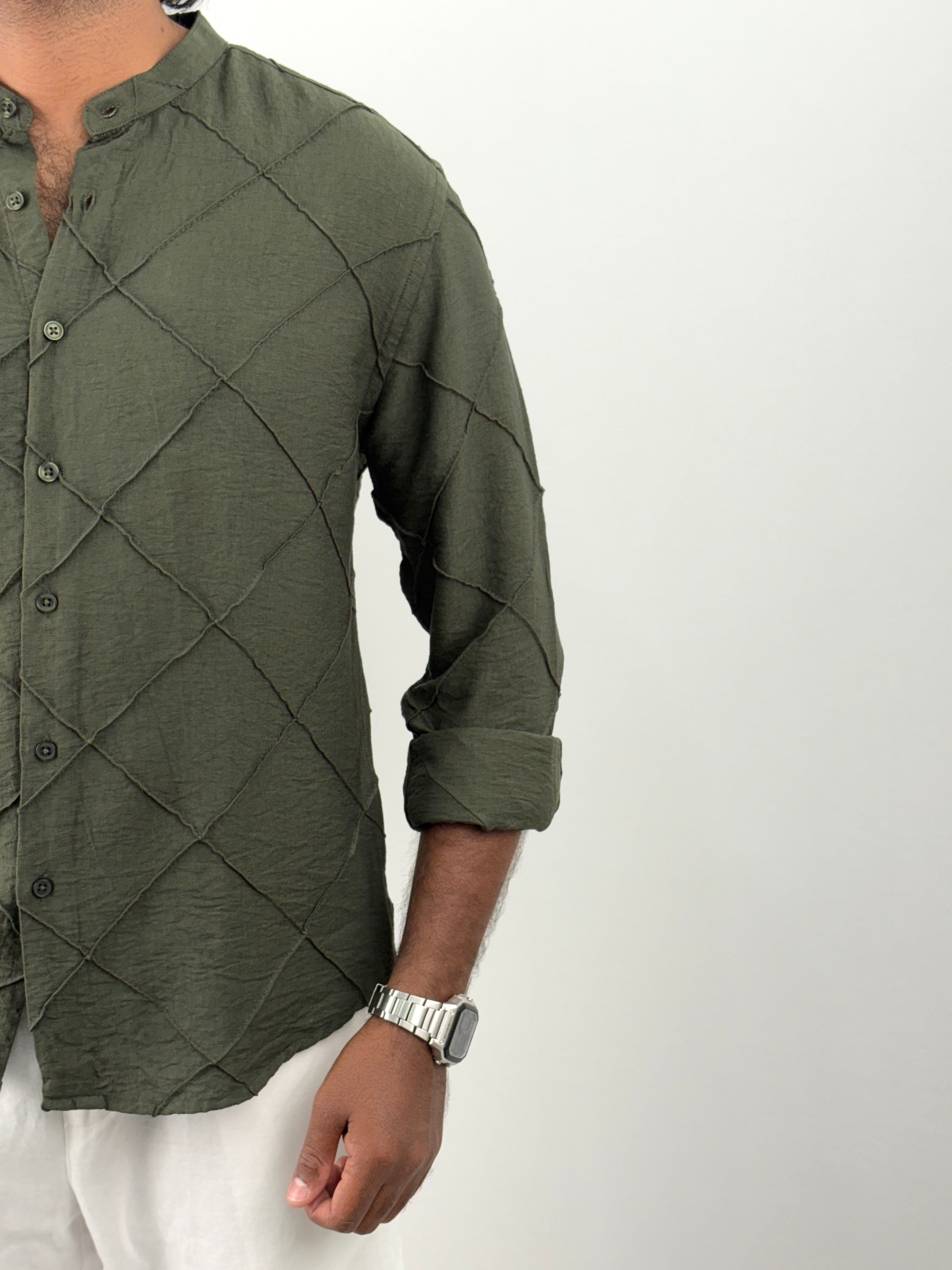 Green Mandarin Collar Textured Shirts