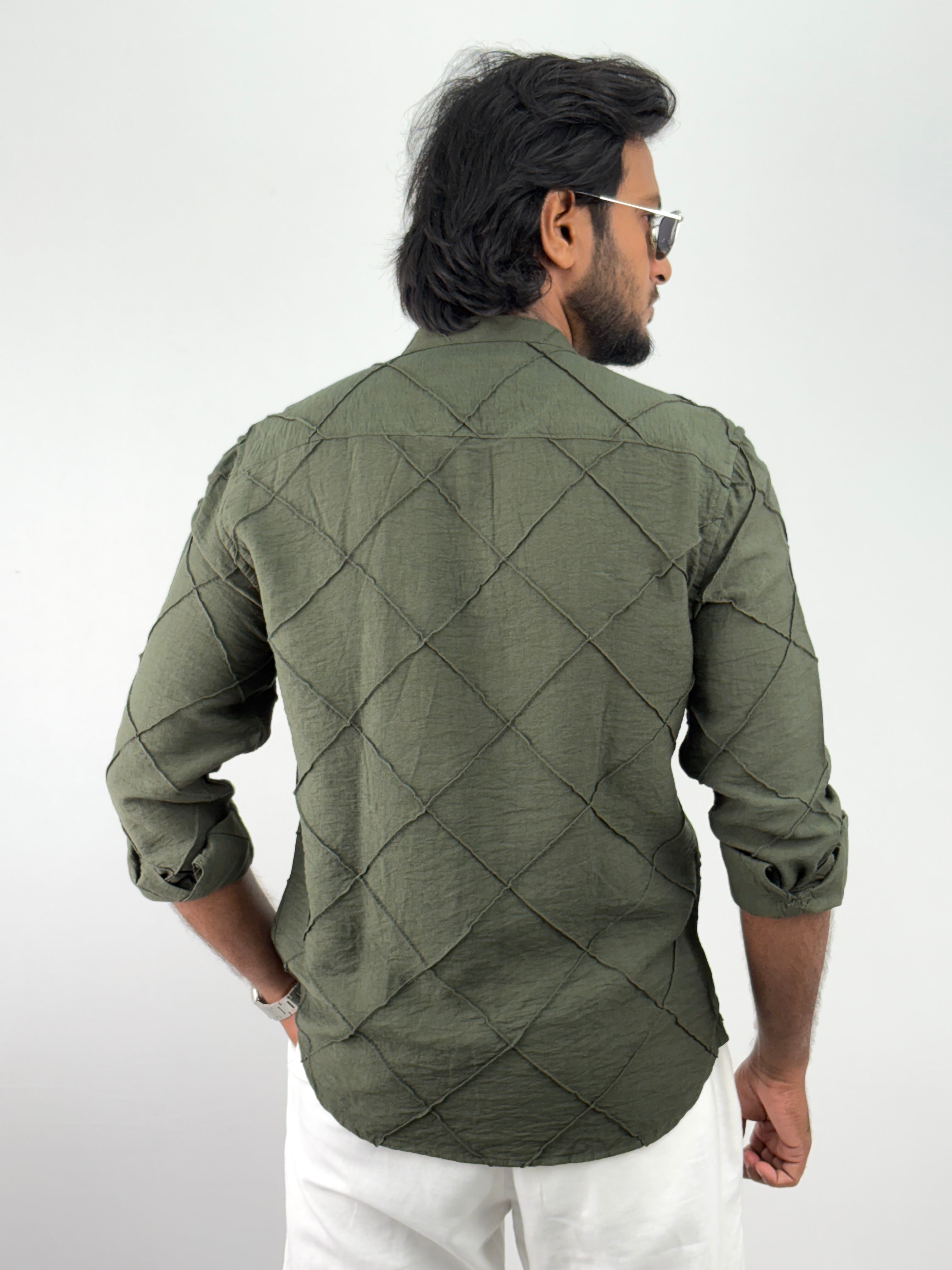 Green Mandarin Collar Textured Shirts