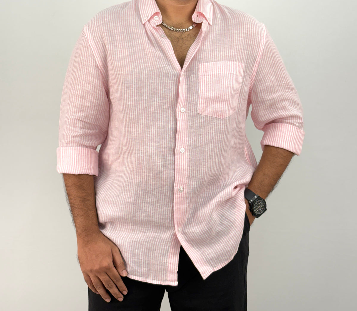 Pink Pure Linen Stripe Shirt