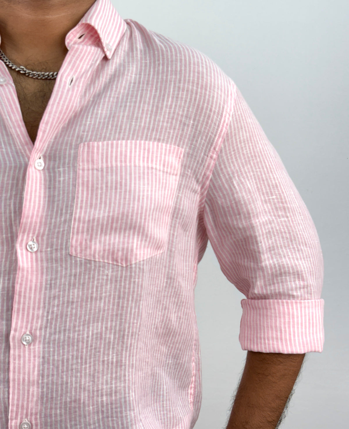 Pink Pure Linen Stripe Shirt