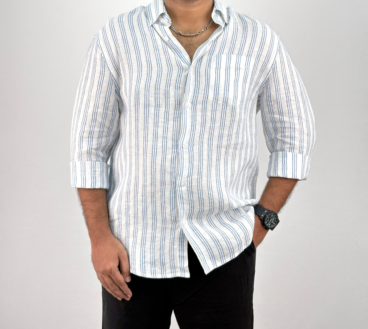 White Blue Pure Linen Stripe Shirt