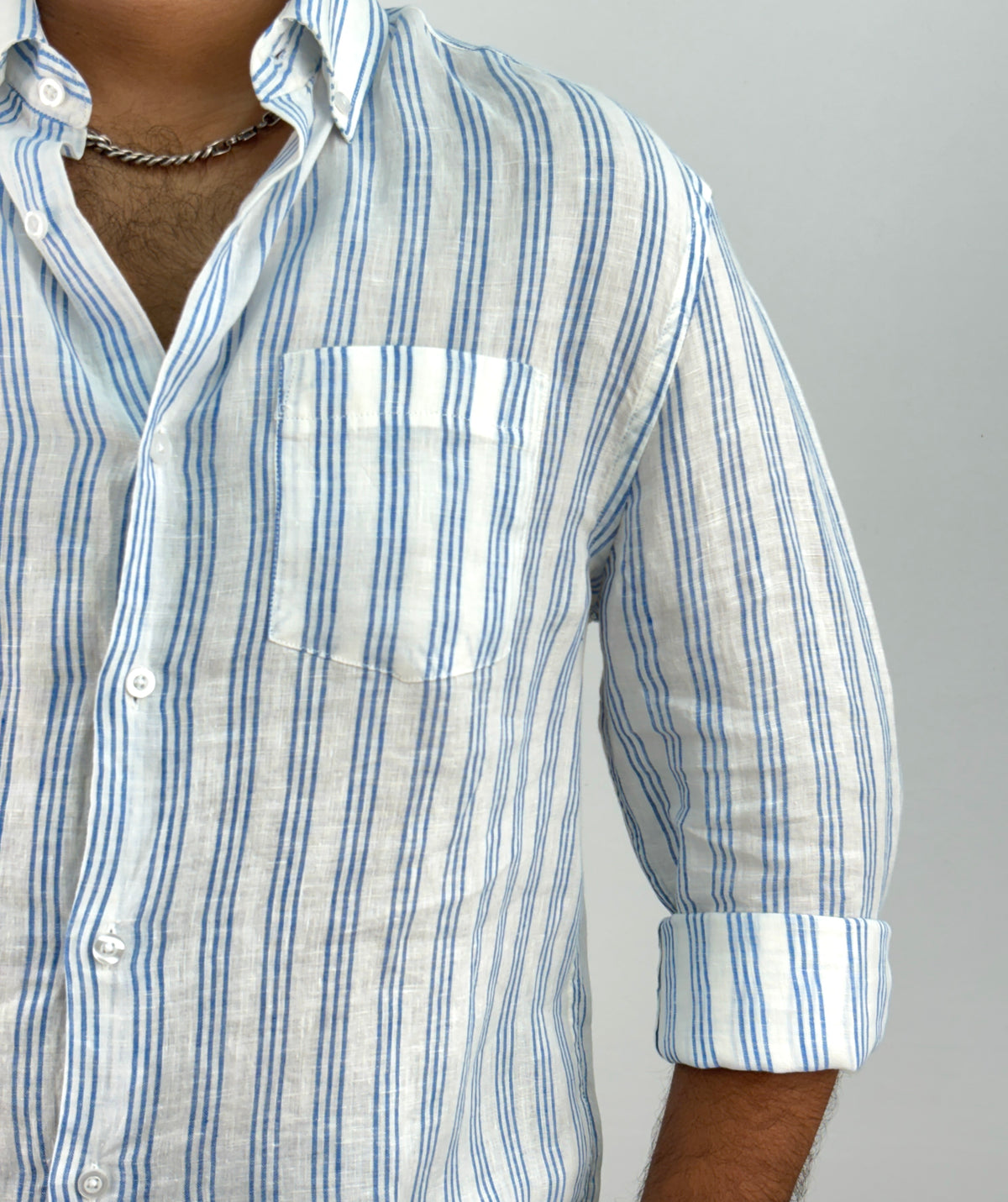 White Blue Pure Linen Stripe Shirt