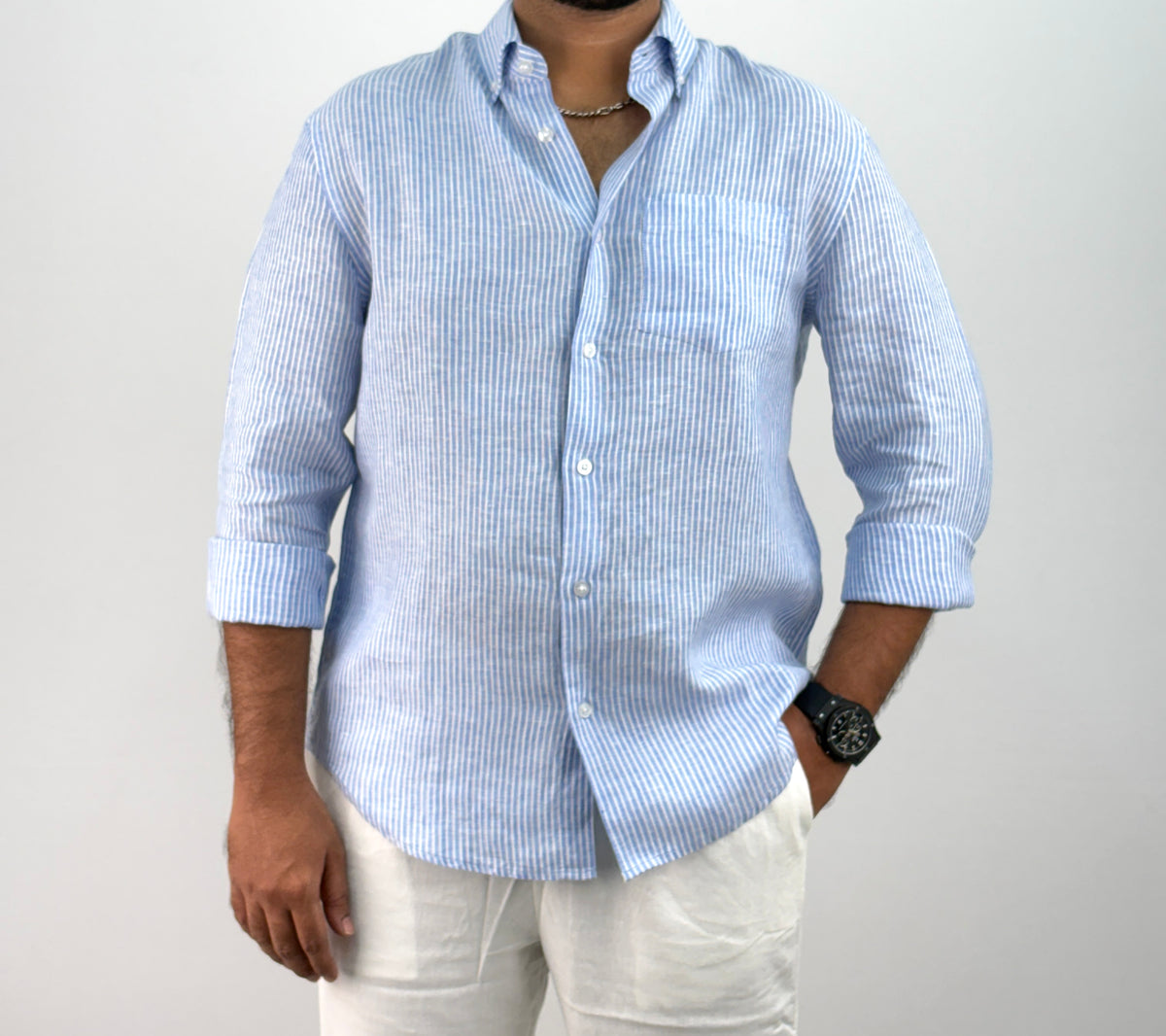 Blue Pure Linen Stripe Shirt