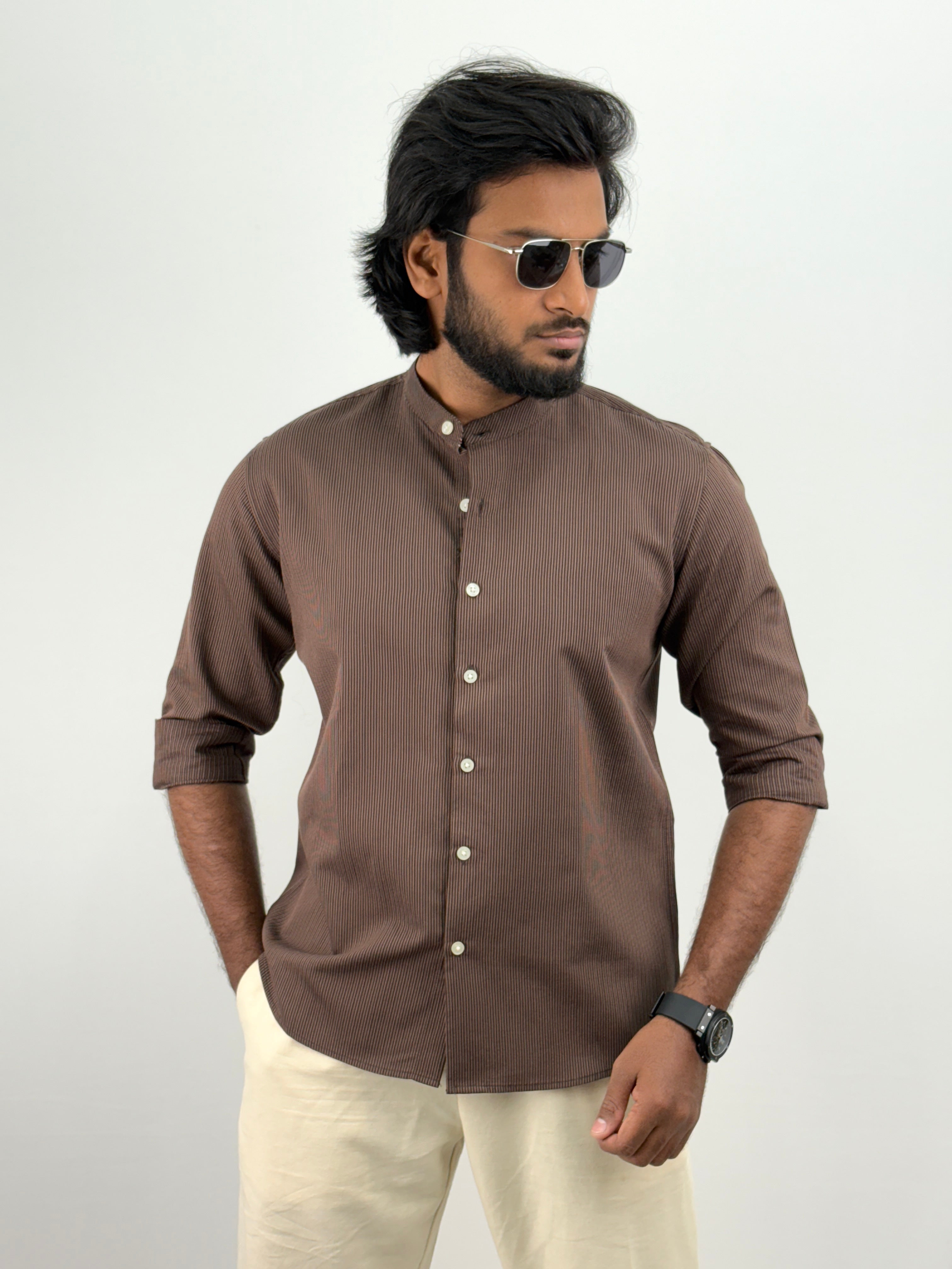 Brown Mandarin Collar Stripe Shirt